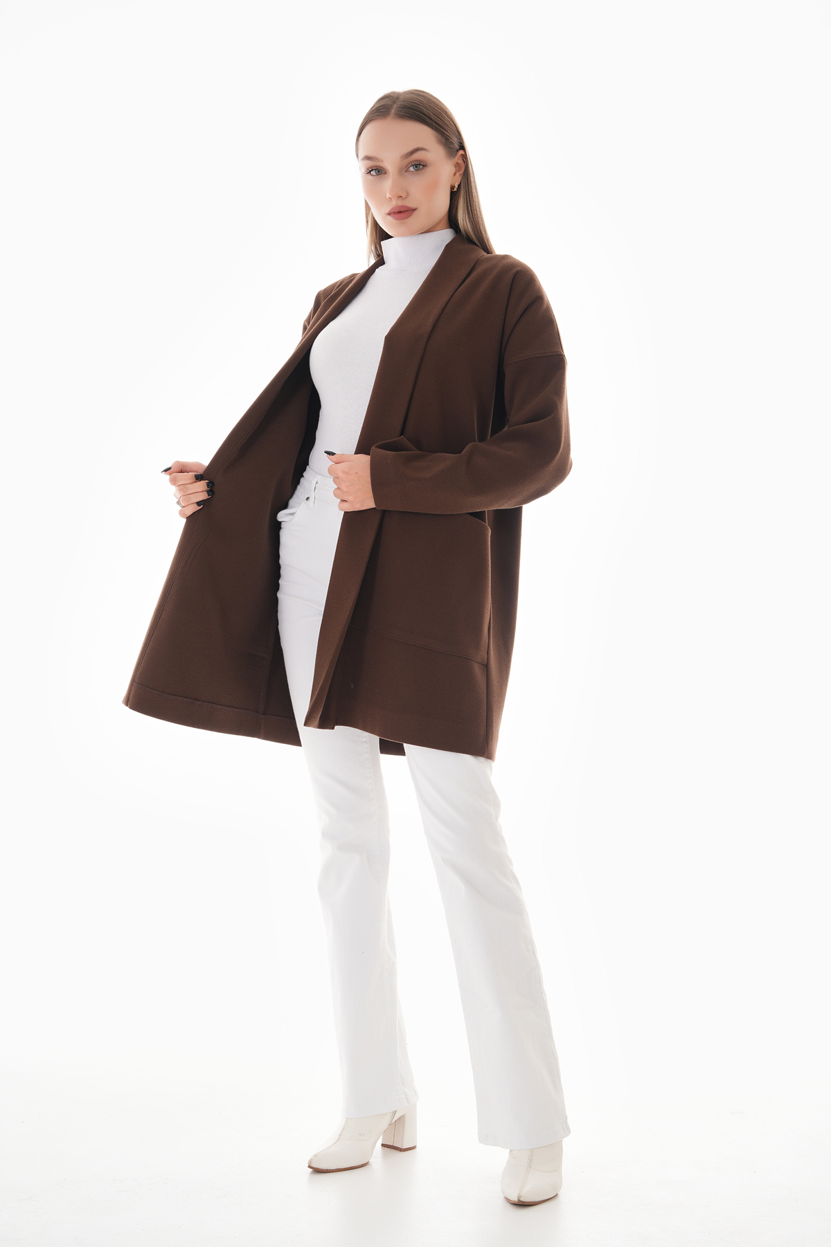 Kahverengi Kışlık Günlük Oversize Standart Kısa Kaliteli Kaşe Kaban 36-44 Beden — قهوه‌ای 515 — تصویر 7 از 9