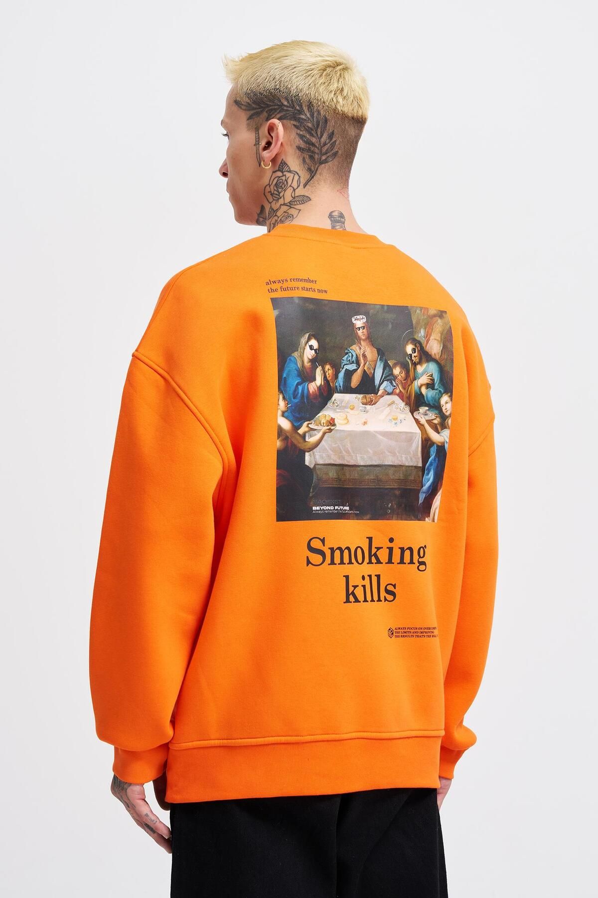 Machinist-Men's Smoking Kill Printed Oversize Orange Sweatshirt 1