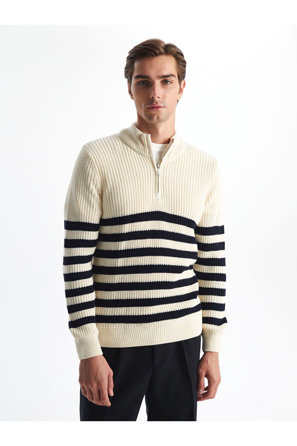 LC Waikiki-Stand Collar Long Sleeve Striped Men's Knitwear Sweater 1