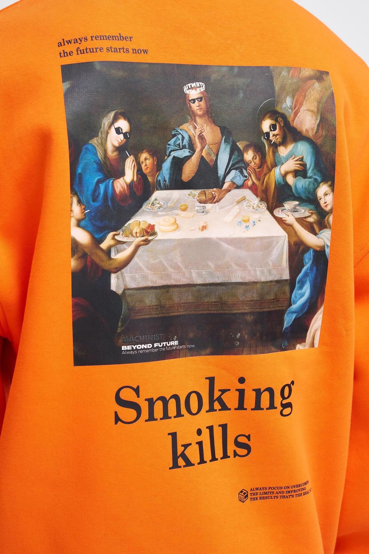 Machinist-Men's Smoking Kill Printed Oversize Orange Sweatshirt 4