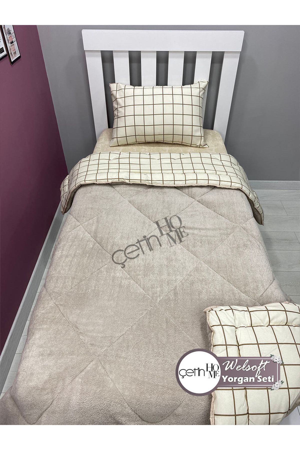 Çetinhome-Single Reversible Welsoft Quilt with Pillow Case Soft Surface 155x215cm Square Cream 7