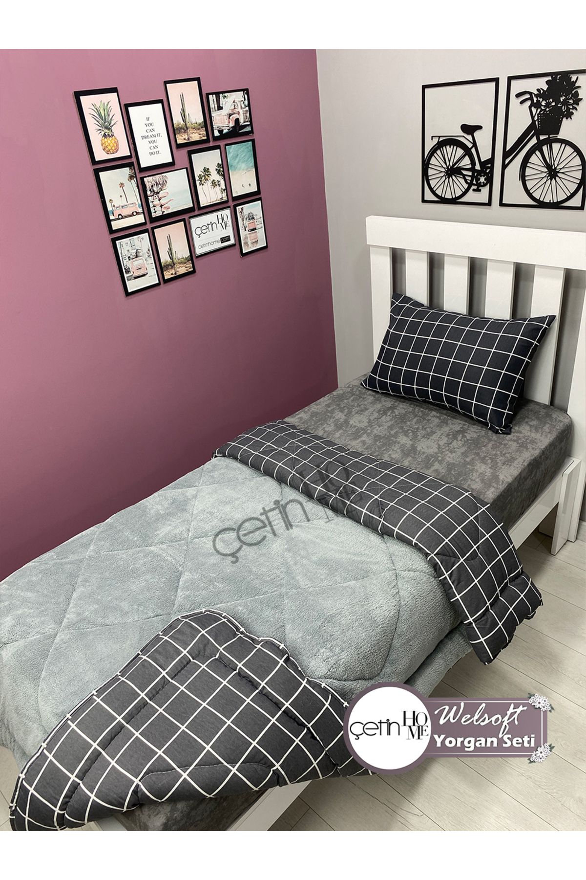 Çetinhome-Single Reversible Welsoft Quilt with Pillow Case Soft Surface 155x215cm Square Anthracite 2
