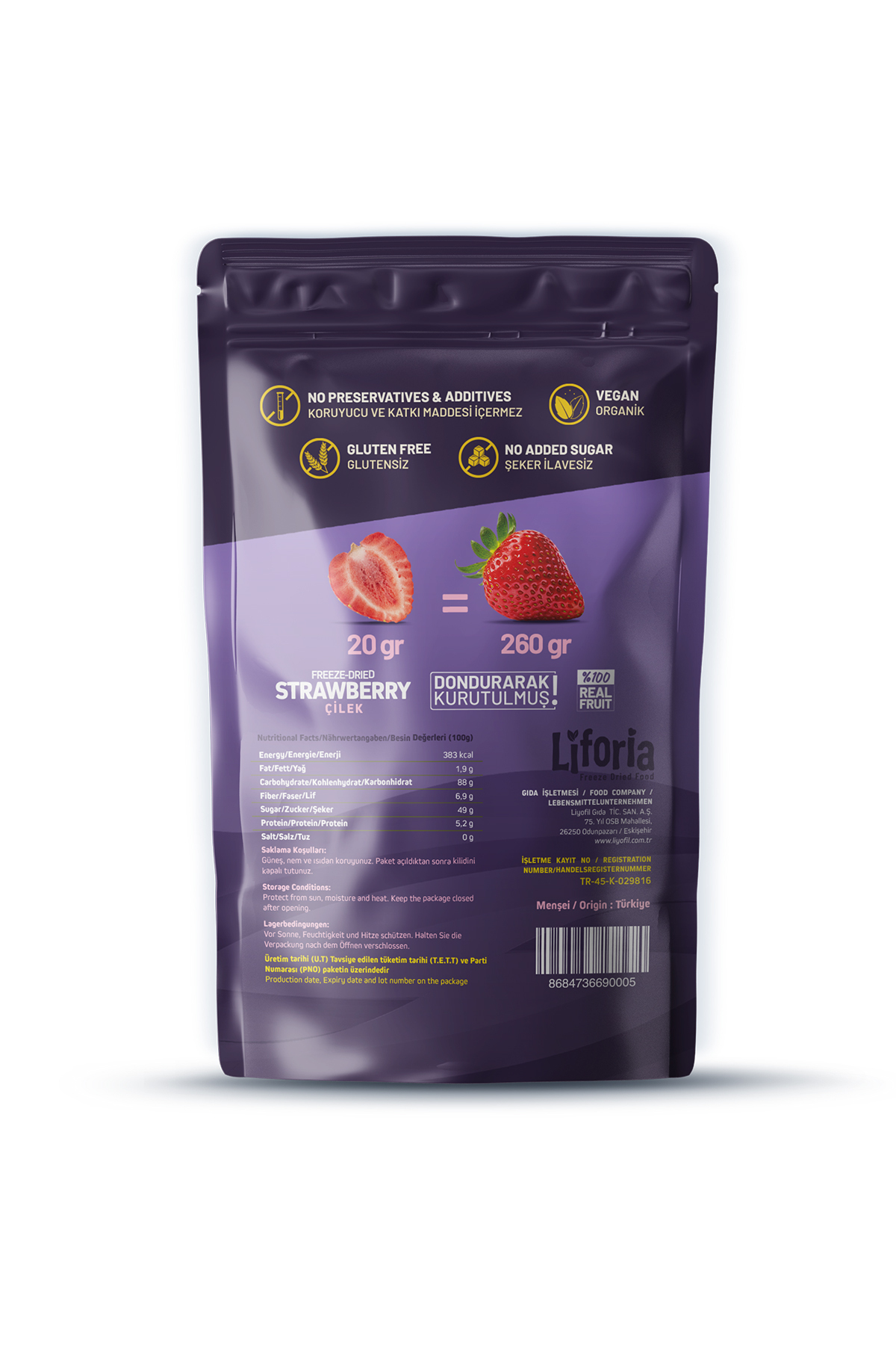 Liforia Freeze Dried Ince Dilim Çilek- Dondurularak Kurutulmuş