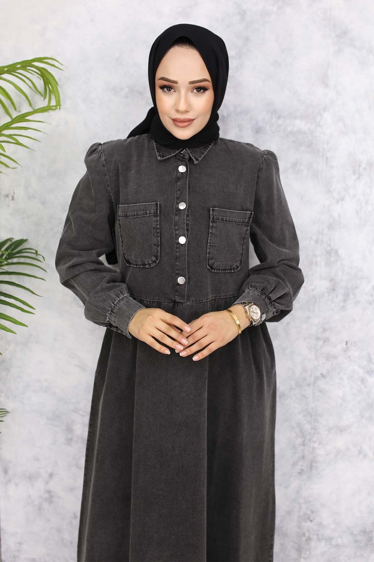 benguen-Black Denim Dress with Half Buttons and Pocket Detail - 845 2