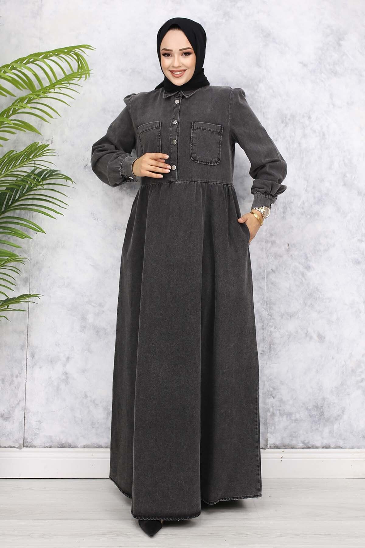 benguen-Black Denim Dress with Half Buttons and Pocket Detail - 845 4