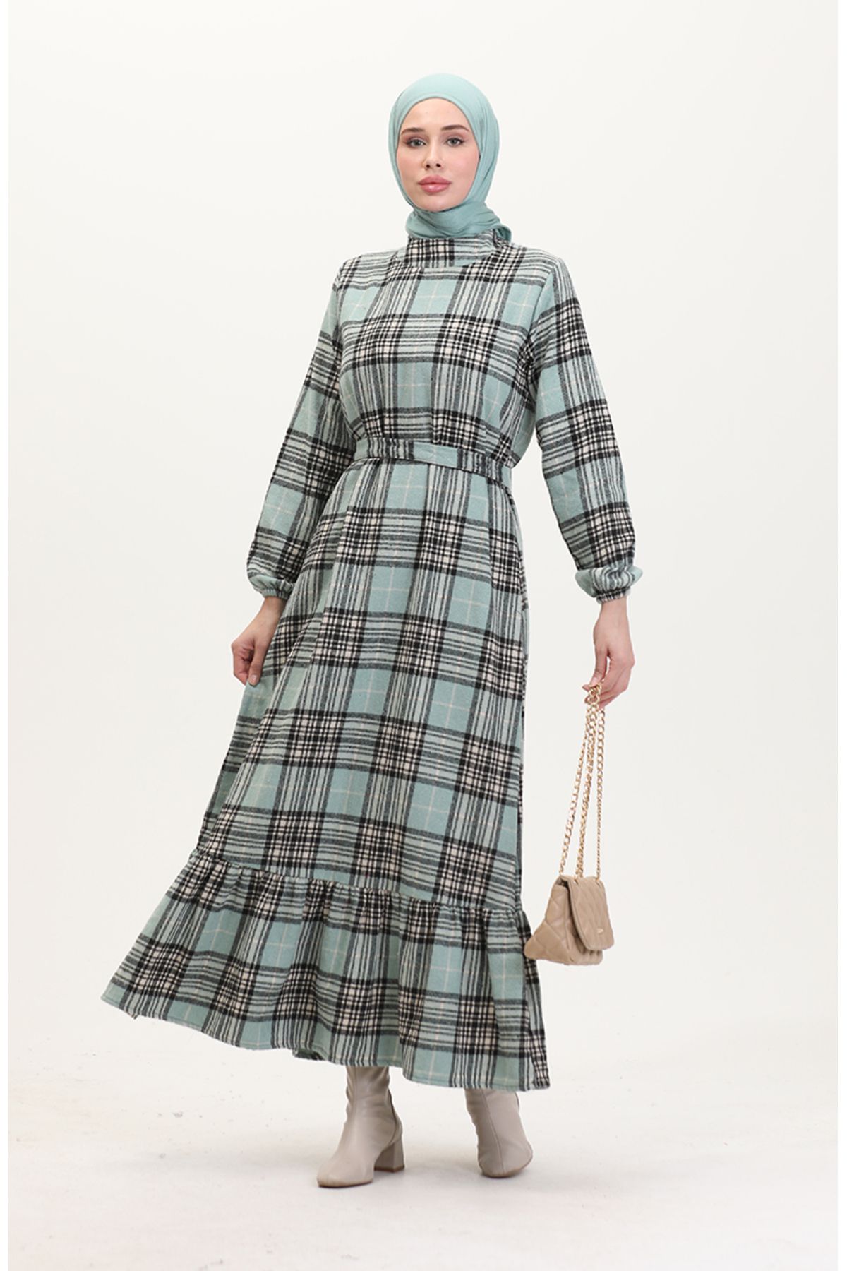 sefamerve-Lumberjack Fabric Belted Dress 0537-02 Green 2