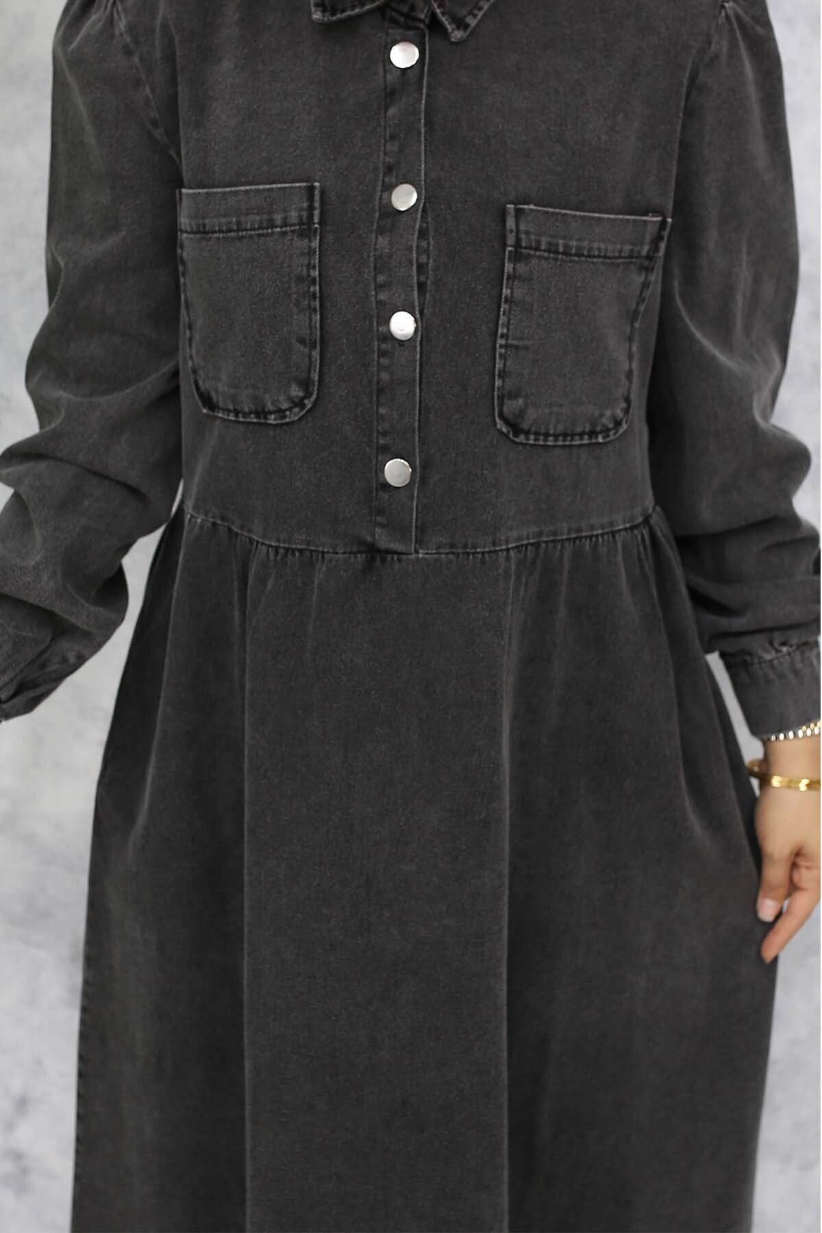 benguen-Black Denim Dress with Half Buttons and Pocket Detail - 845 3