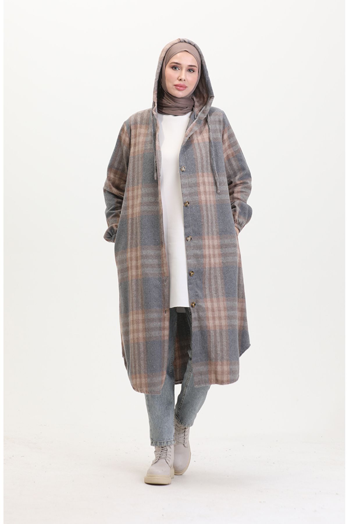 sefamerve-Mink Lumberjack Fabric - Hooded and Buttoned, 0534-01 Model 2