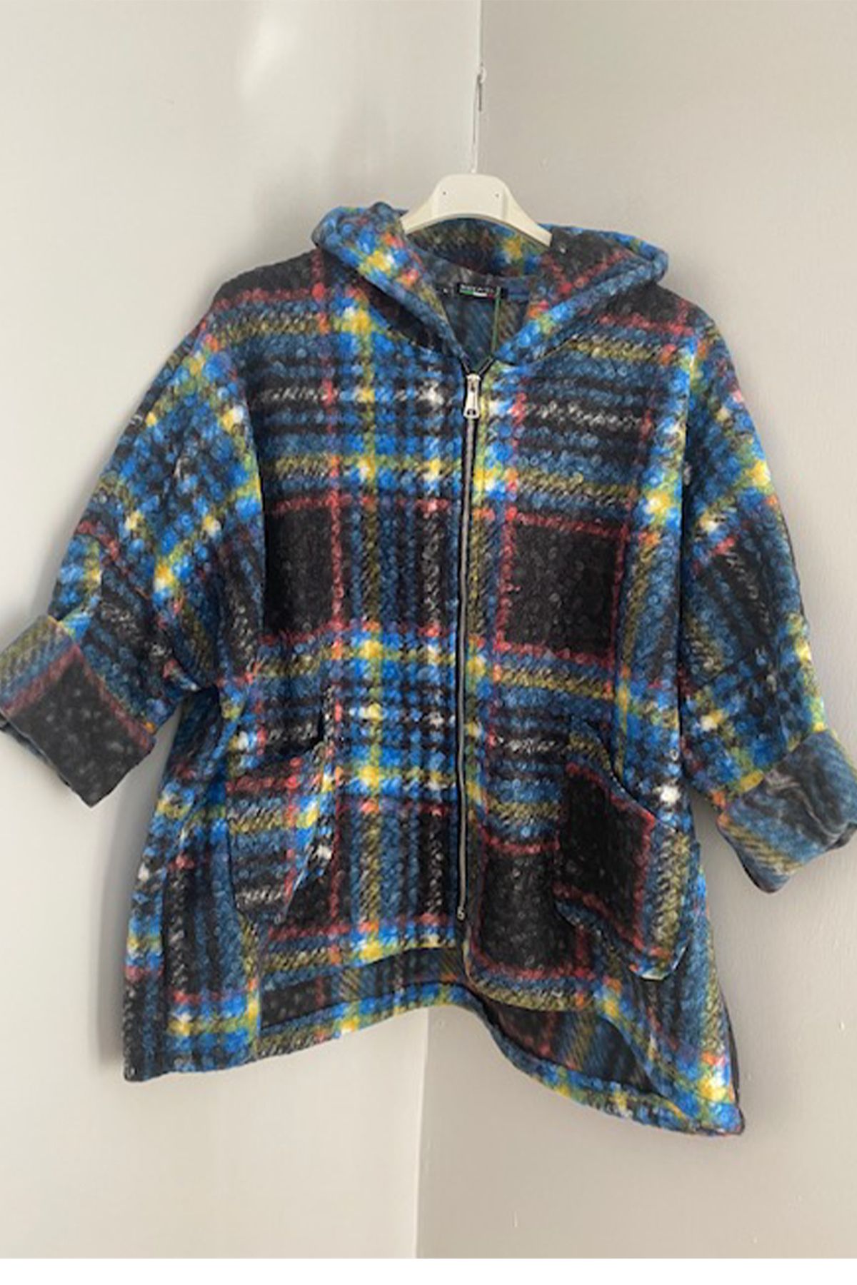 AYASOFYA OTANTIK-Italian Blue Plaid - Oversize Women's Boucle Coat with Hooded Zipper 2