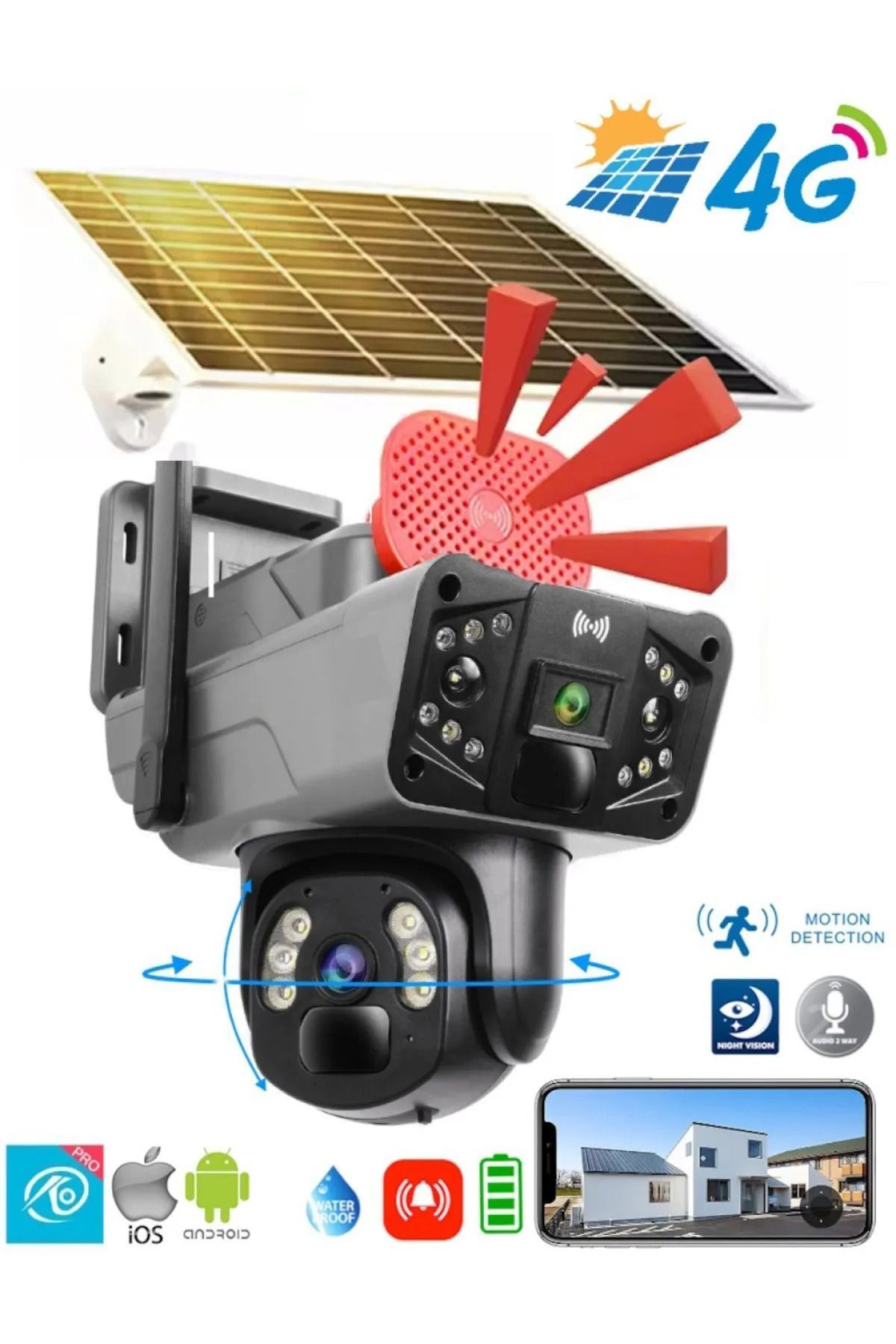 O-KAM Okam 3915 4g 6mp Dual Lens Güneş Panelli Solar Sirenli Güvenlik Kamerası "siyah Renk"