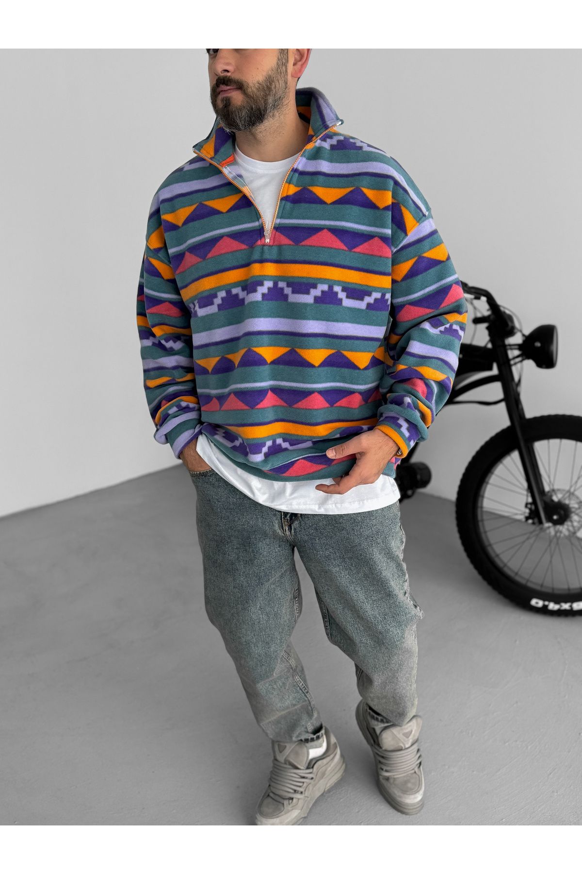 BYBASICMAN-Colorful Mosaic Pattern Fleece Sweatshirt Pm-155 2