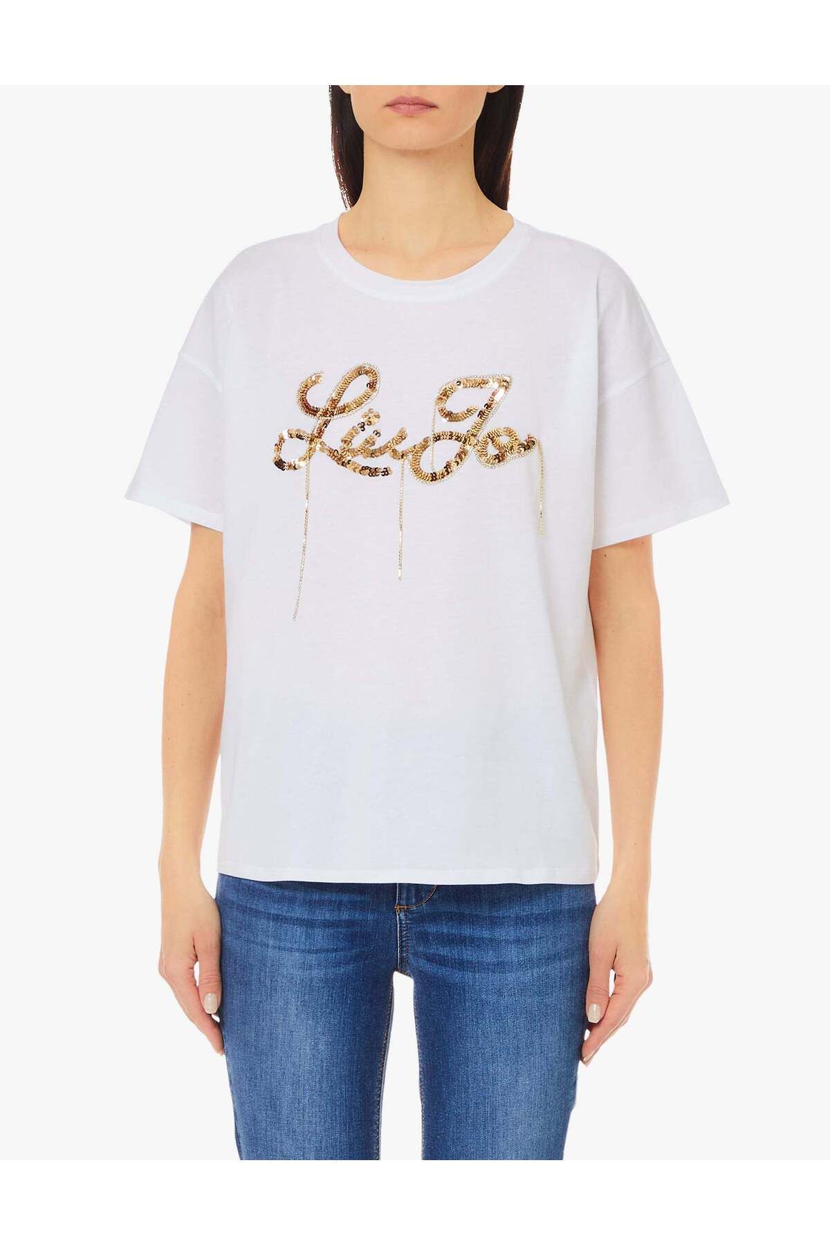 Liu Jo-Tricou de damă cu gât rotund cu detaliu de piatră albă - mânecă scurtă WF4104J5904-N9885 1