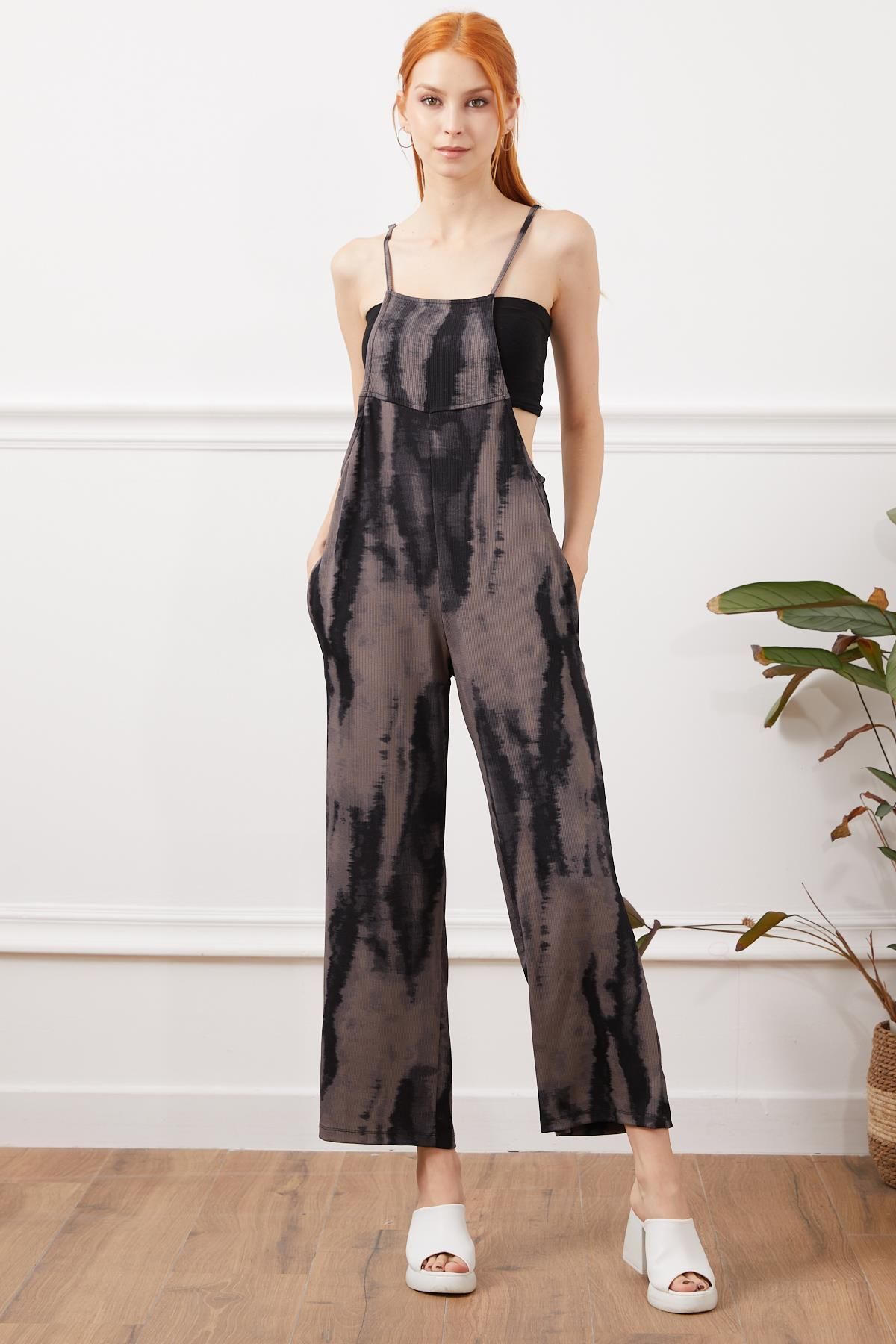 TENA Salopetă Neagră Pentru Damă, Cu Bretele Din Frânghie, Cu Croiala Lejeră, Cu Model Batik Femeie - XL