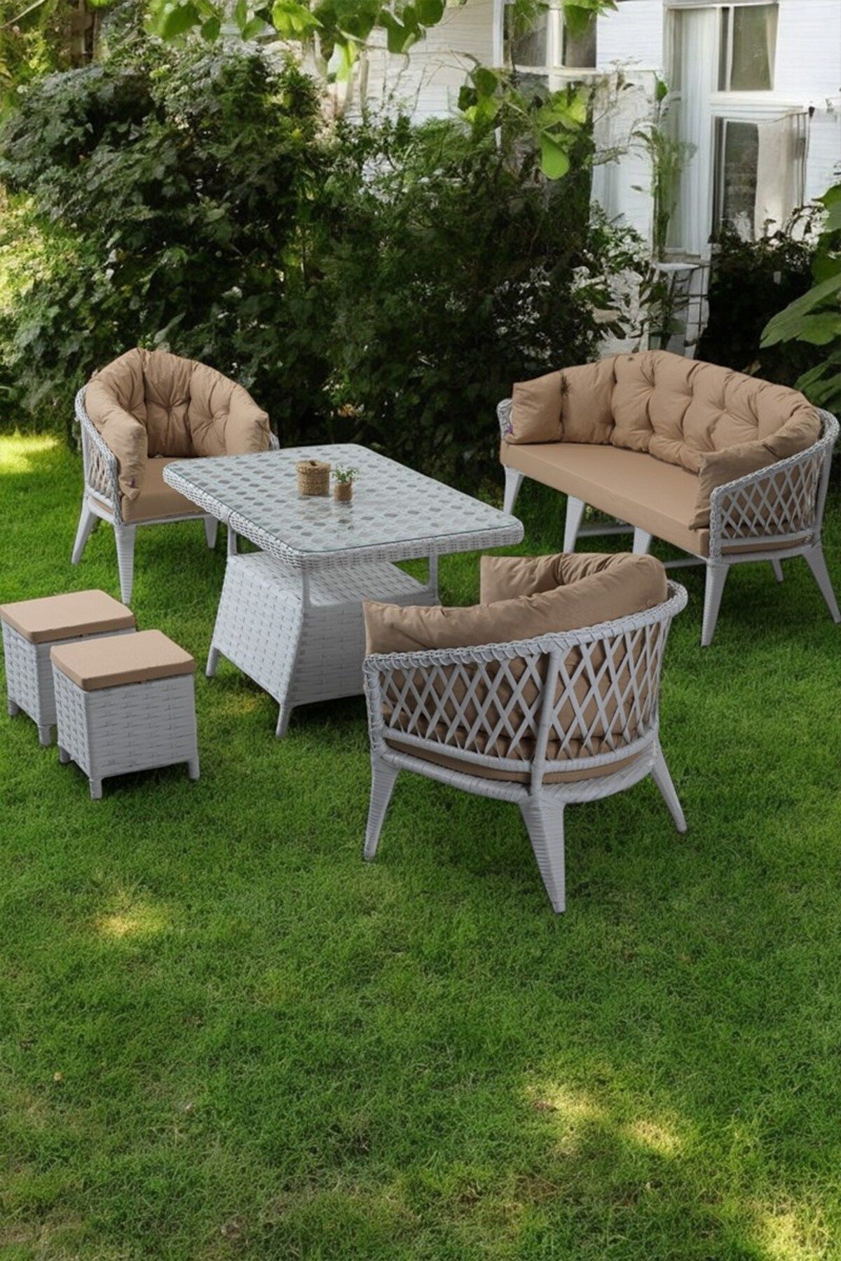 Liatris Serisi 1. Sınıf Beyaz Rattan Krem Minder Bahçe Takımı, Balkon Takımı