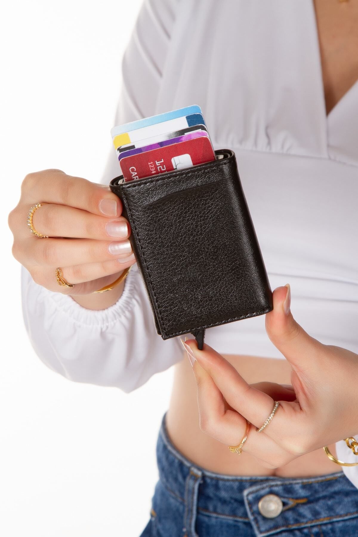 Newish Polo-Portofel unisex cu mecanism din piele neagră automată pentru carduri cu 8 bucăți compartimente pentru carduri (7CMX10CM) 4