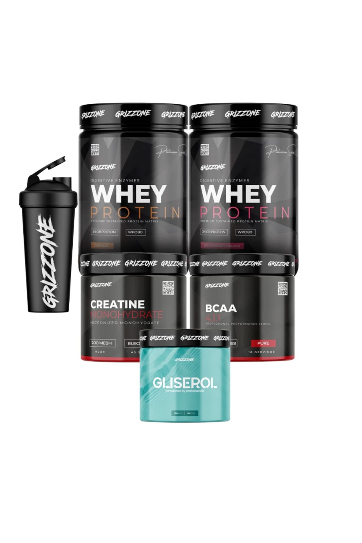 GRIZZONE Grızzy Fitness Pack Large ( 2×420 Gr Whey Protein Pro+90Gr Bcaa+Creatine+150Gr Glıserol+Shaker )