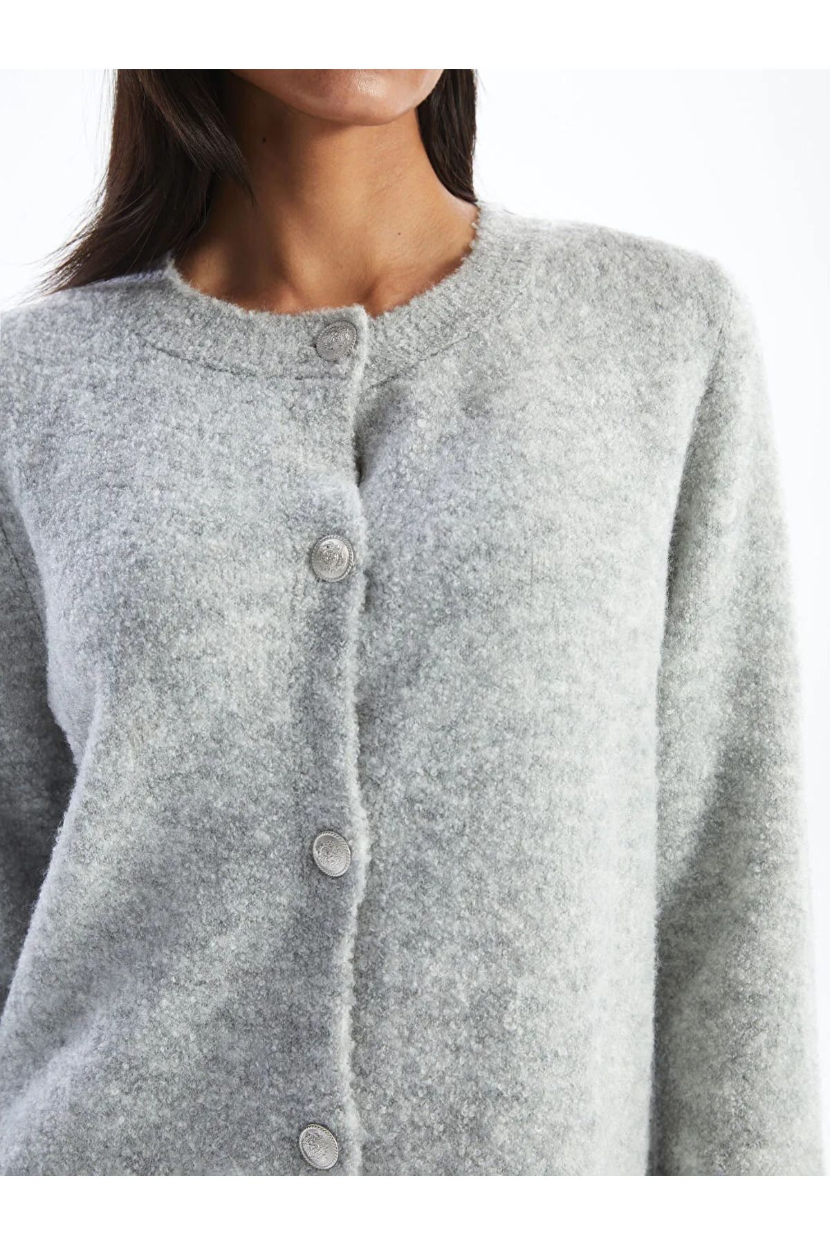 LC Waikiki-Lcwaikiki Basic Gray Crew Neck Women's Knitwear Cardigan 3