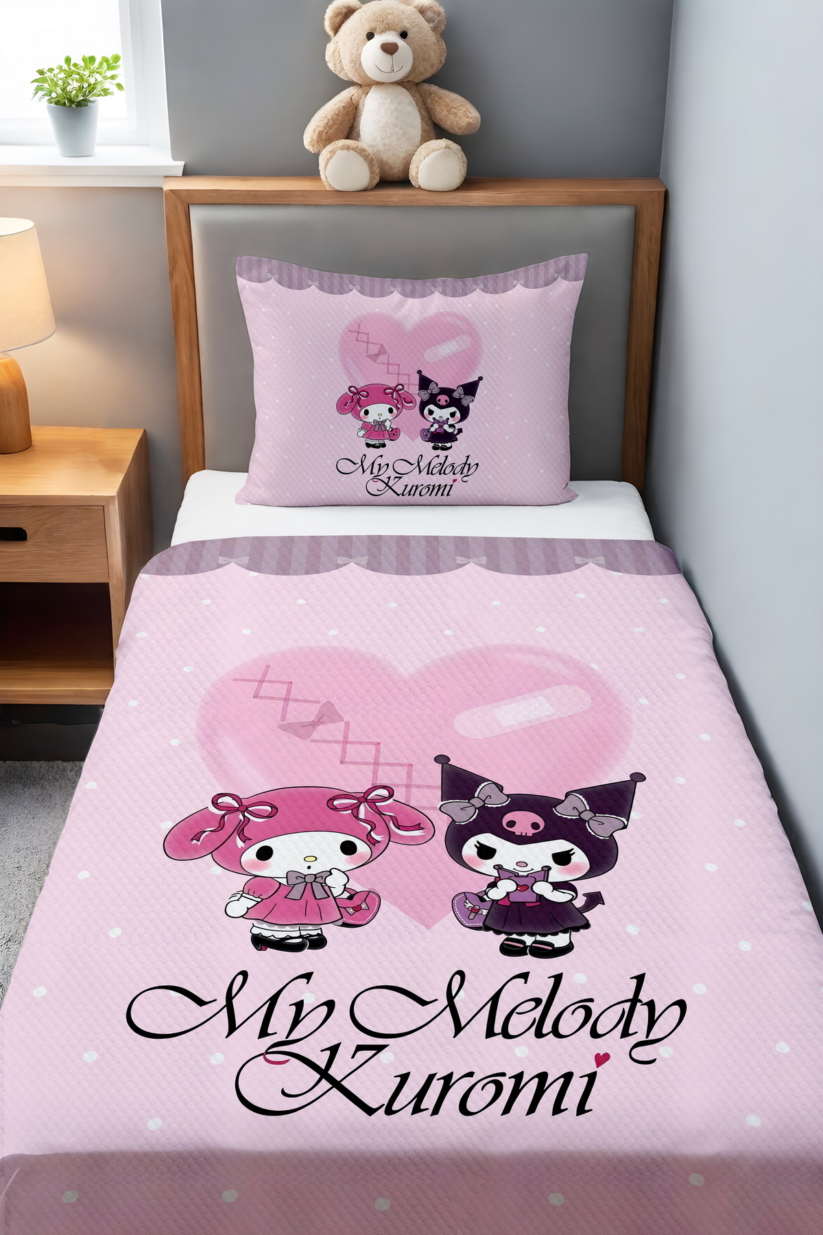 Evpanya Pembe Puantiyeli My Melody ve Kuromi Desenli Tek Kişilik Bebek Çocuk Pike Seti fotoğrafı 2 (önizleme)