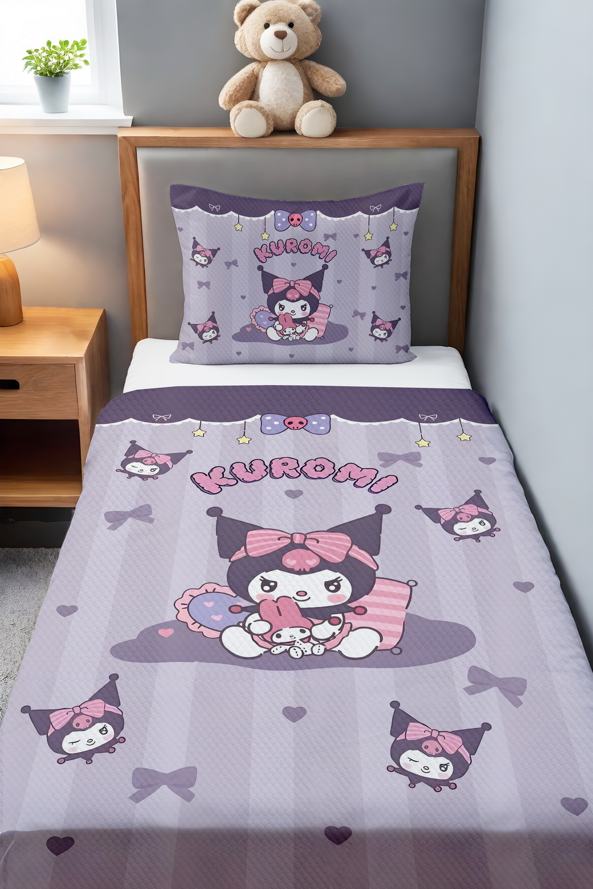 Evpanya Mor Şeritli Oyuncu Kuromi Desenli Tek Kişilik Bebek Çocuk Pike Seti fotoğrafı 2 (önizleme)