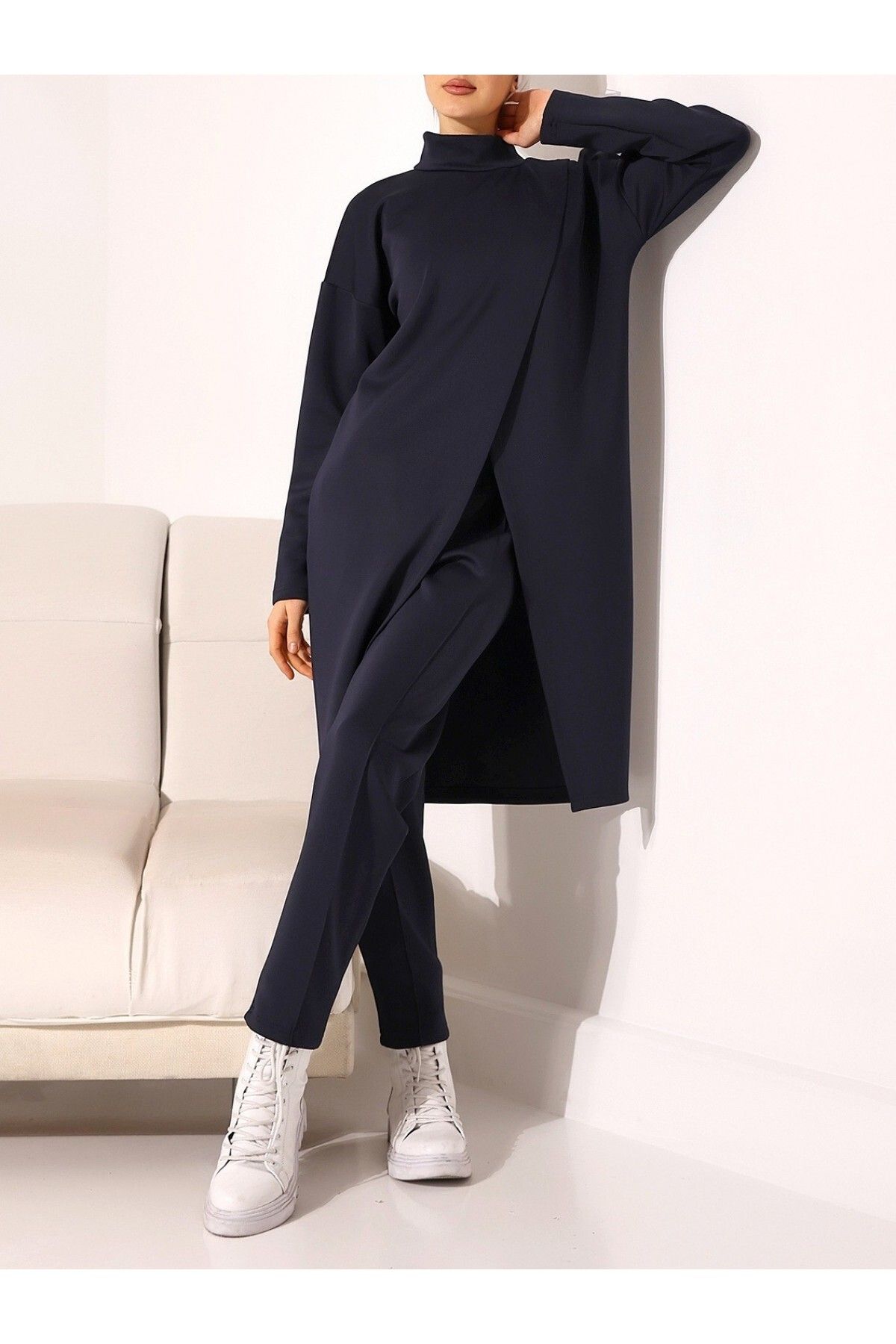 Modamorfo-Scuba Fabric Stand Collar Double Layer Tunic and Trousers Set - Navy 4