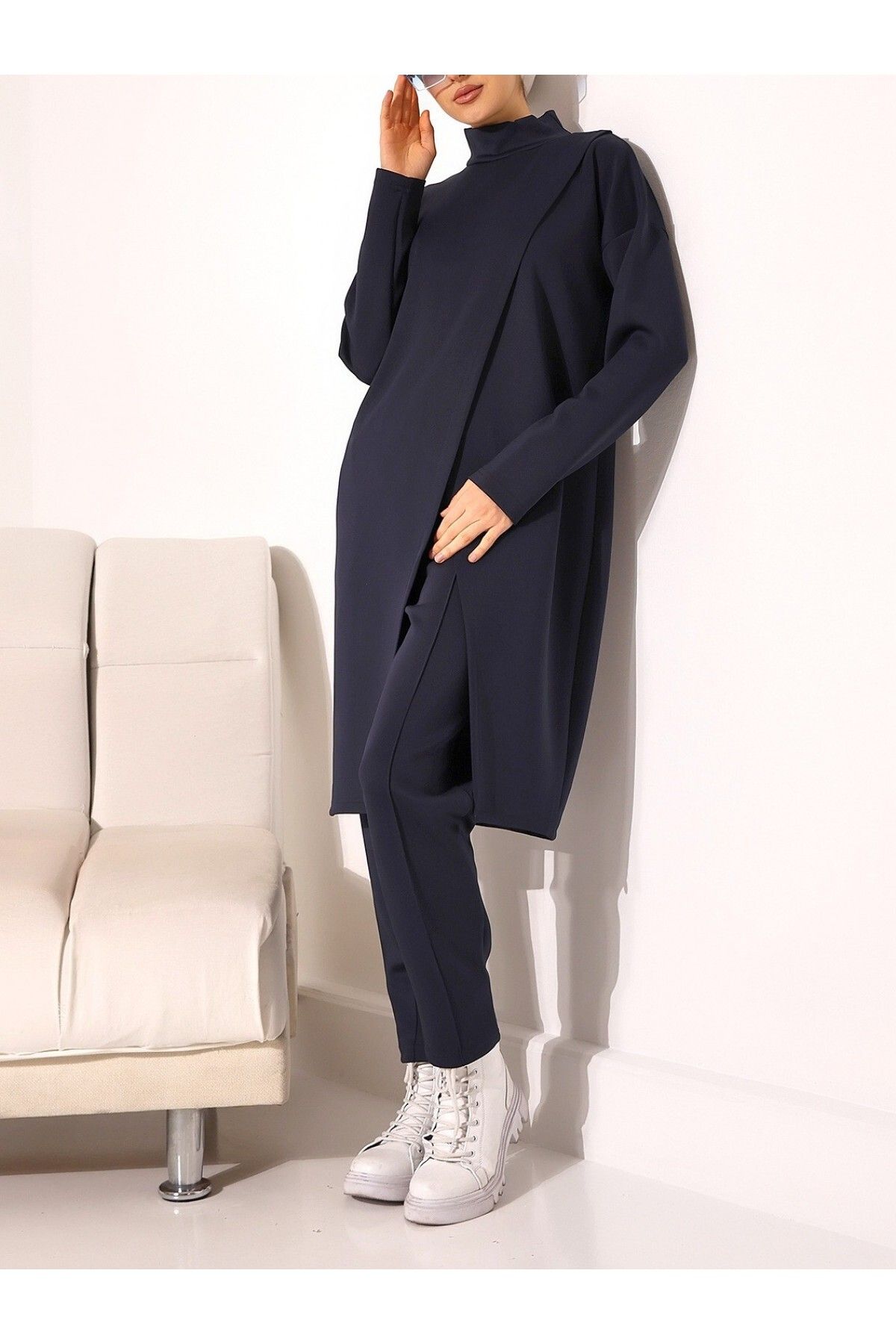 Modamorfo-Scuba Fabric Stand Collar Double Layer Tunic and Trousers Set - Navy 2