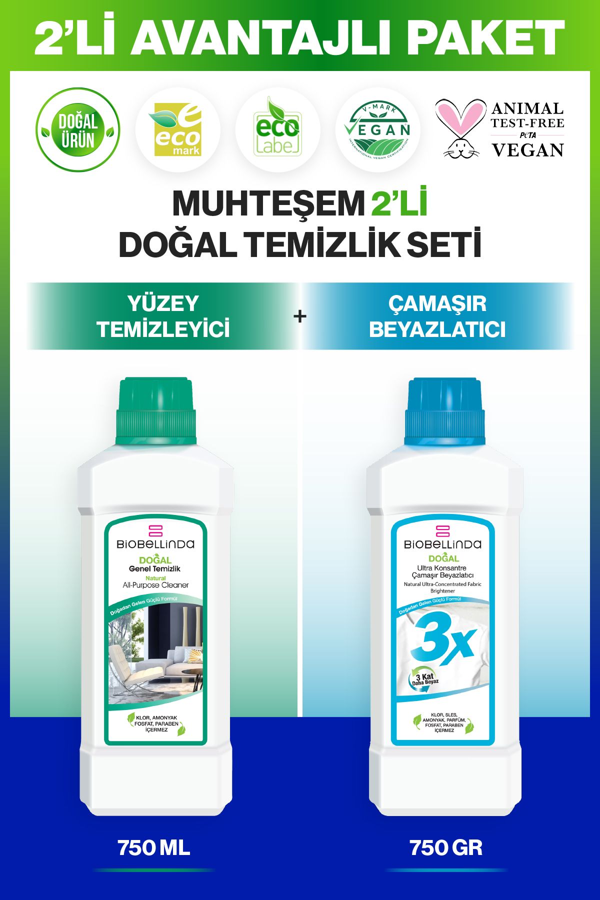 BioBellinda Doğal Genel Temizlik 750 ml Ve Çamaşır Beyazlatıcı 3x 750ml (2'Lİ SET)