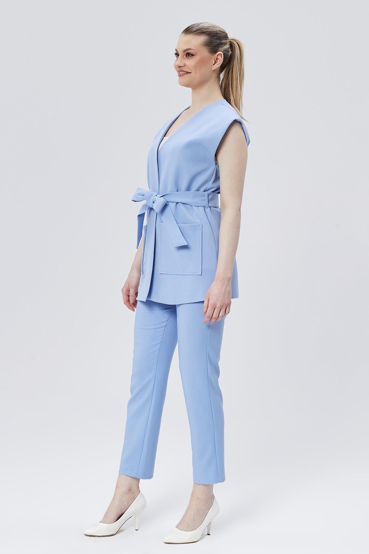 Appleline-Saddlebag Women's Belted Kimono and Vest Pants Set - Baby Blue 4