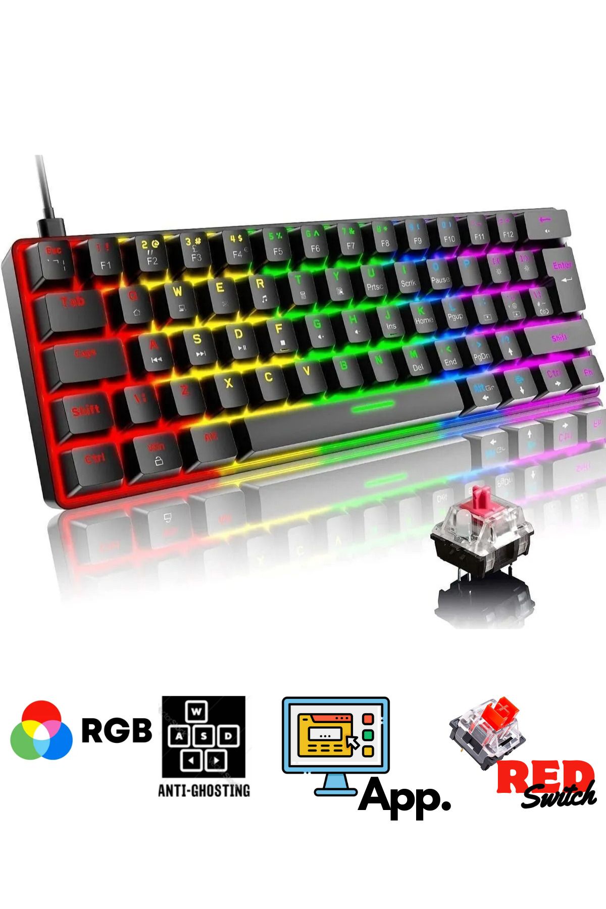 Sarftech T60 Rgb Siyah App Uygulamalı Kırmızı Red Switch Rgb Klavye Kablolu Gaming Oyuncu Klavyesi