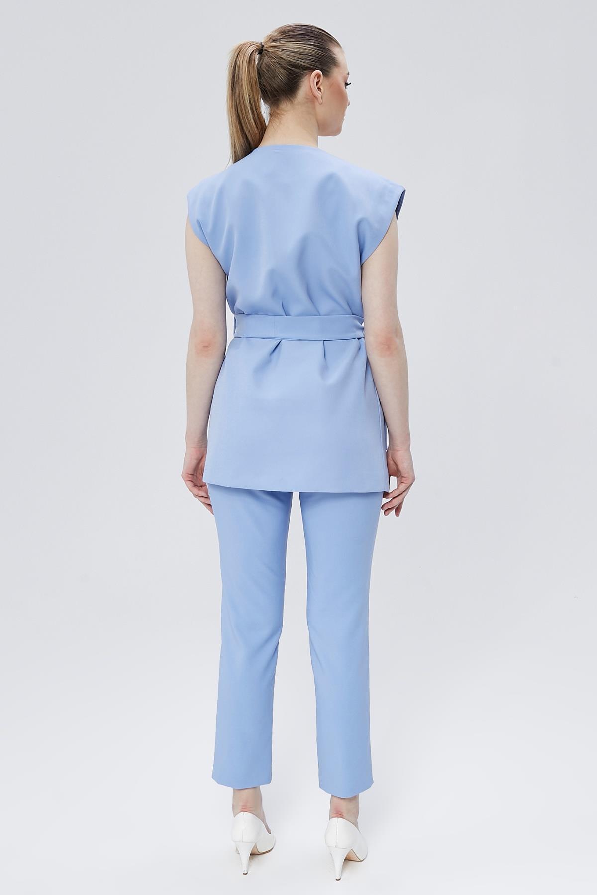 Appleline-Saddlebag Women's Belted Kimono and Vest Pants Set - Baby Blue 5