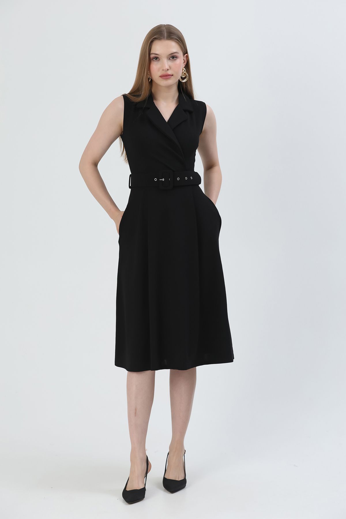 WOMAN VISION-Damen-Midikleid mit Gürteldetail, knielang, dehnbarer Stoff, zweireihig, Hemdkragen, schwarzes Midi-Kleid 012 6