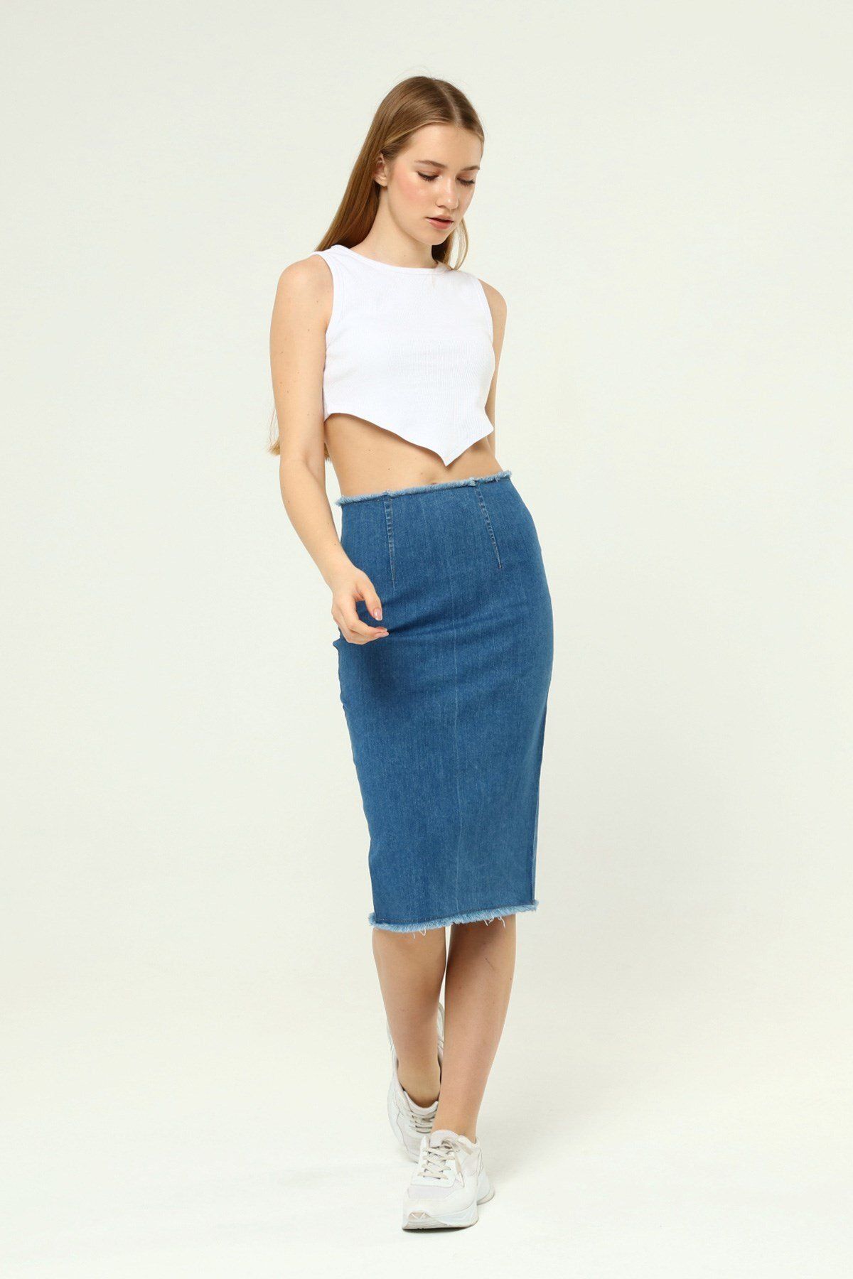 THE BARK-Denim Pencil Skirt with Tassels 1173 Blue 1