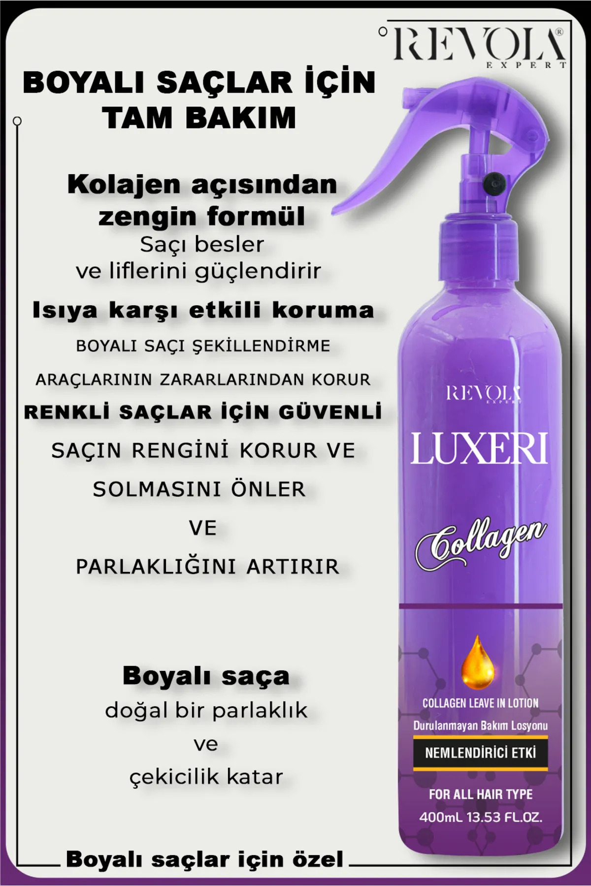 Boyalı Saçlar Için Ekstra Koruma Sağlayan Durulanmayan Kolajen Fön Suyu Besleyici Saç Bakım Spreyi — RCF001 — تصویر 3 از 3