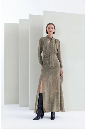 KAMEYA Fular Bağlama Detaylı Desenli Haki Elbise