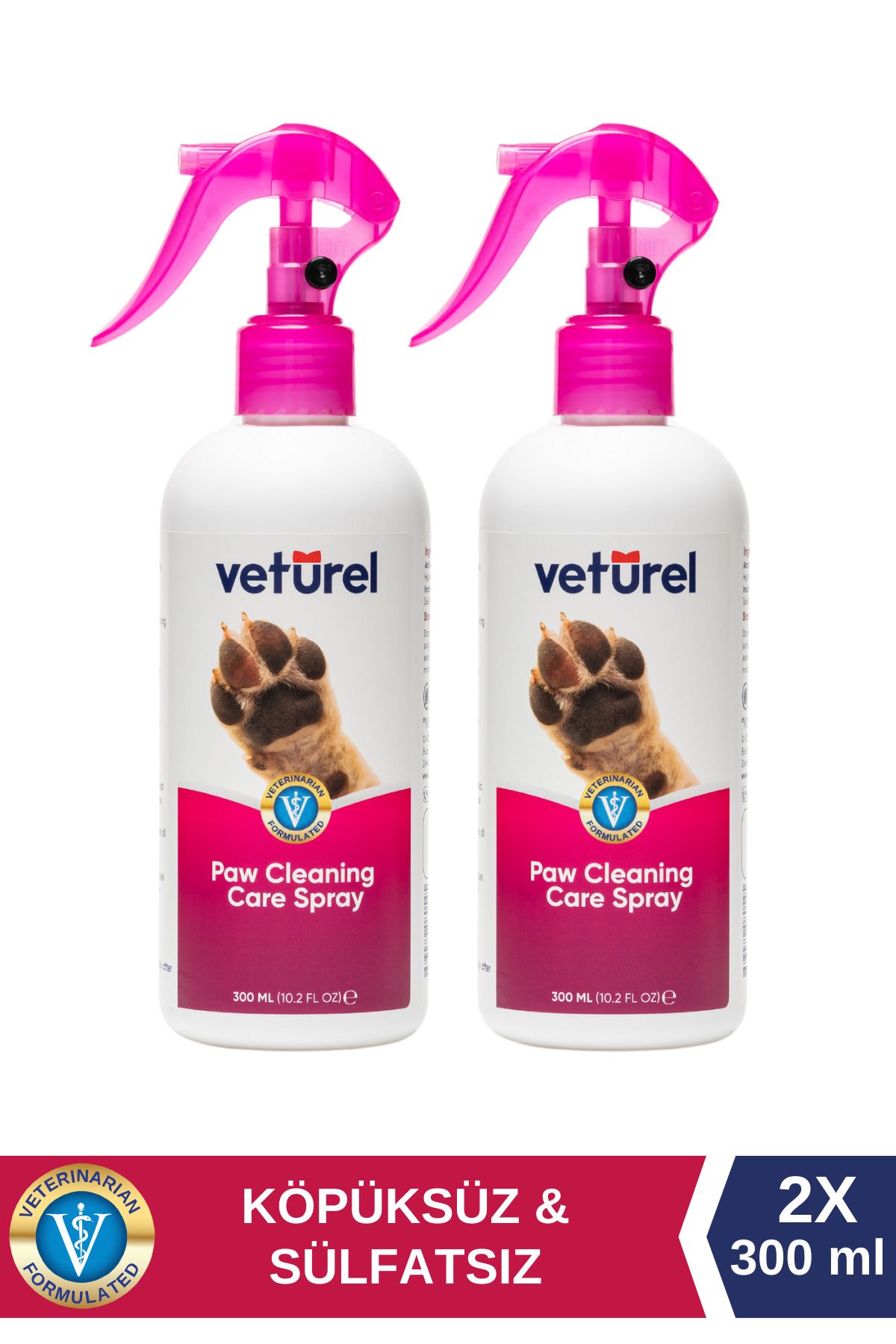 Veturel Pati Temizlik Ve Koku Giderici Sprey 2x300ml Köpüksüz Kedi Pati Temizleme Köpek Tüy Bakım