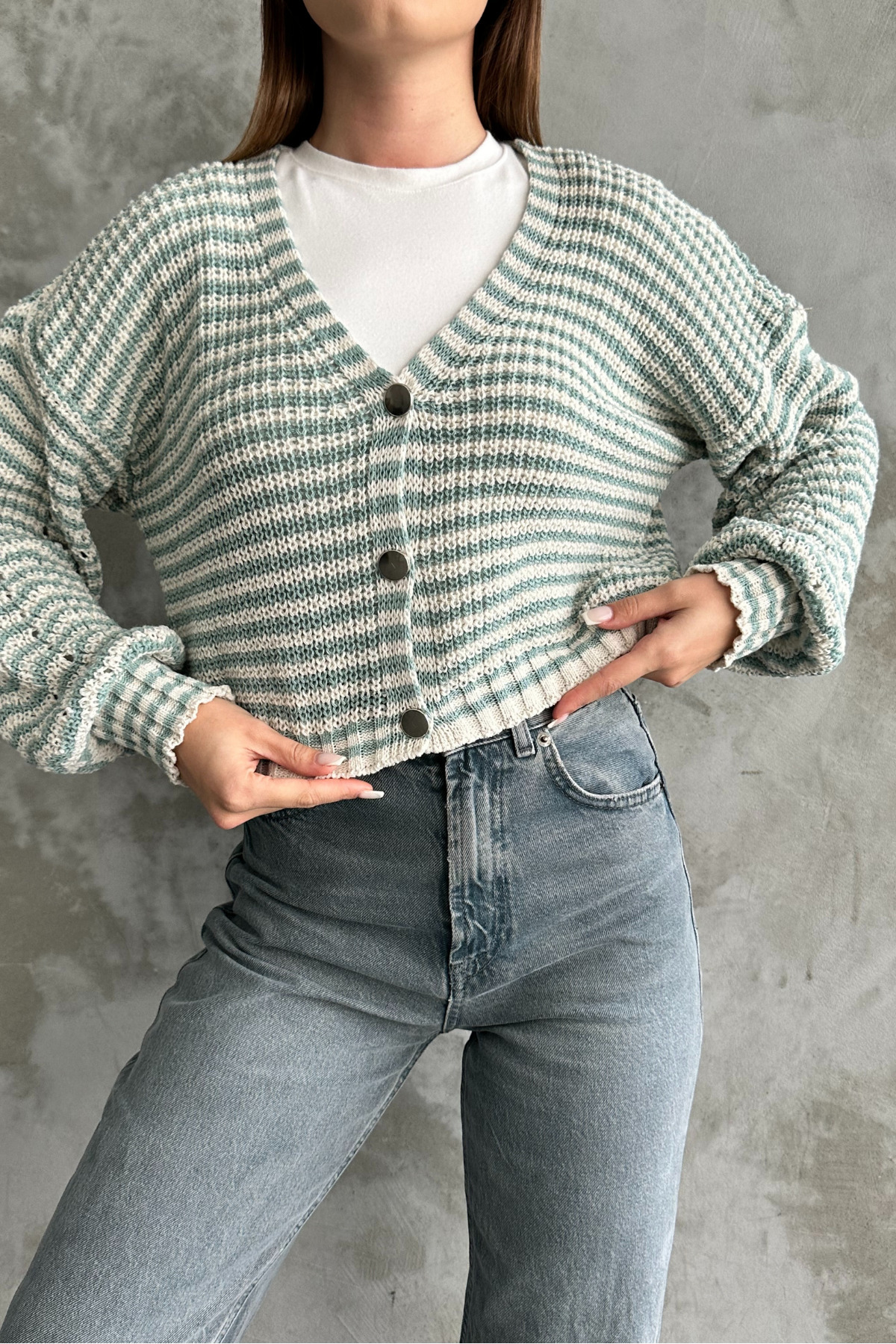 macharelbasic-Women's Striped Metal Button Balloon Sleeve Seasonal Cardigan Mint 2