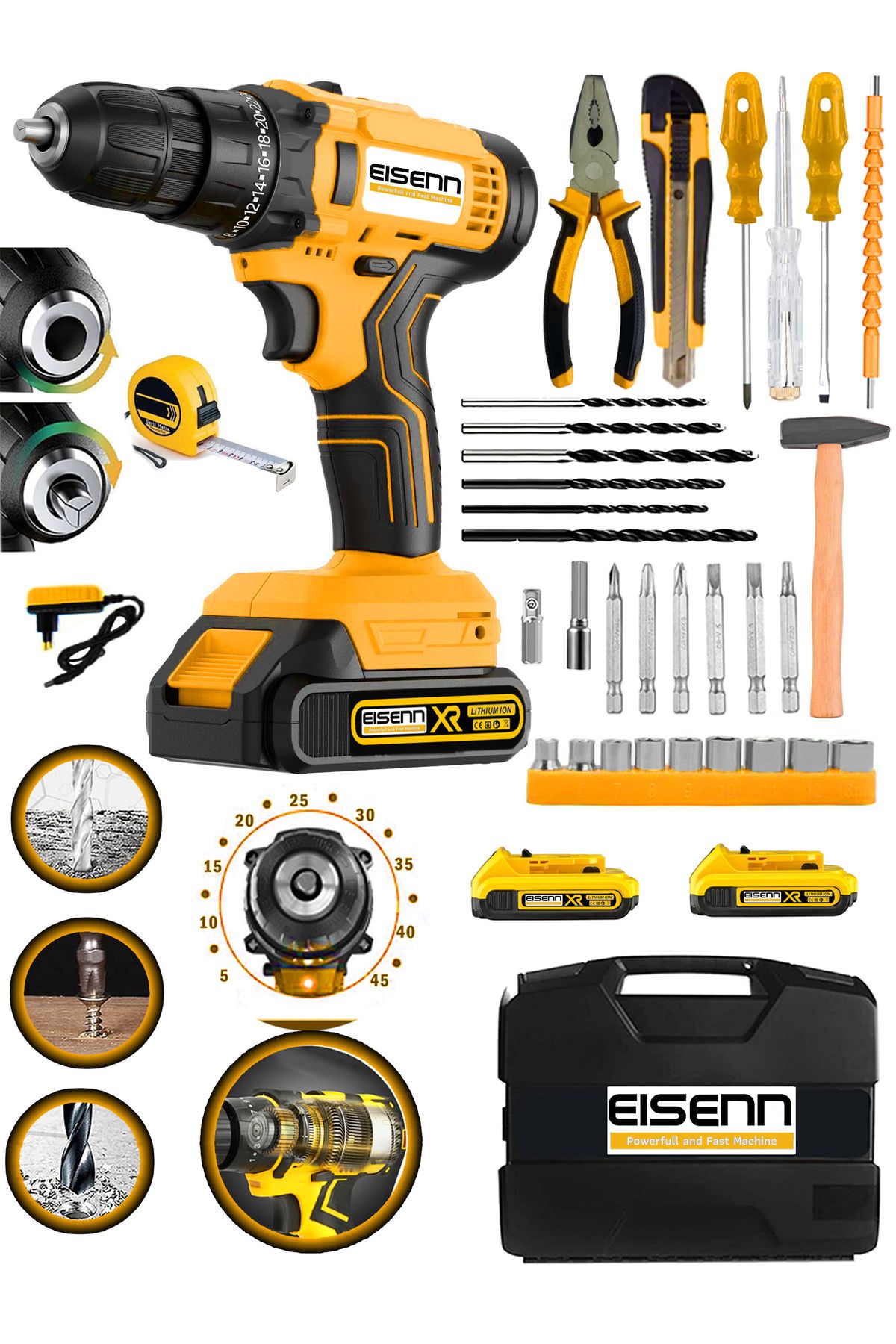 Eisenn Yellow E-1537 Lion 2 Akülü Metal Şanzıman Turbo Şarjlı Matkap Vidalama 37 Pcs Set 45 Torq