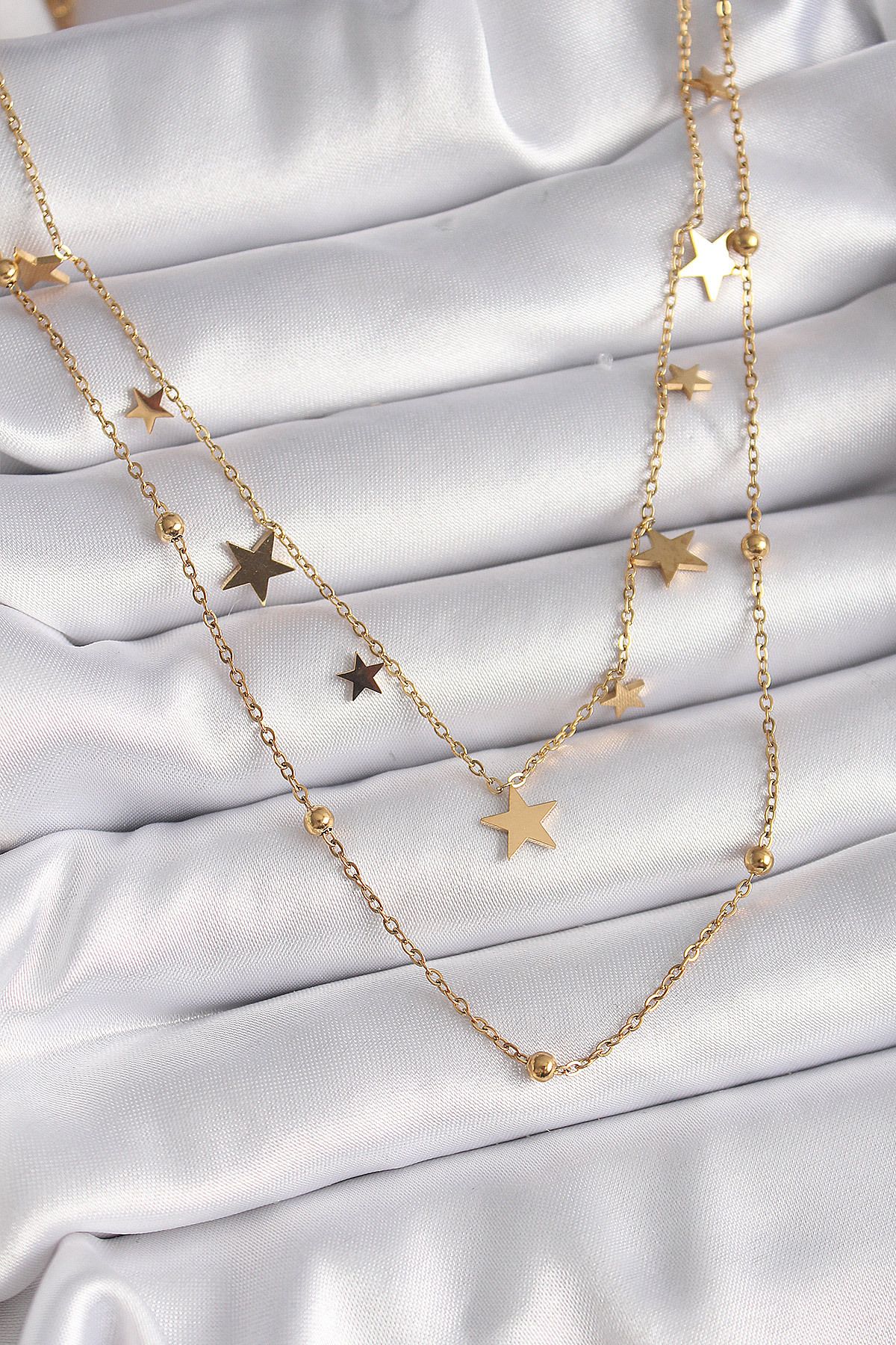 MMB Boutique 316L Çelik Gold Renk Zincir 2'Li Yıldız Model Topçuk Detay Kadın Kolye