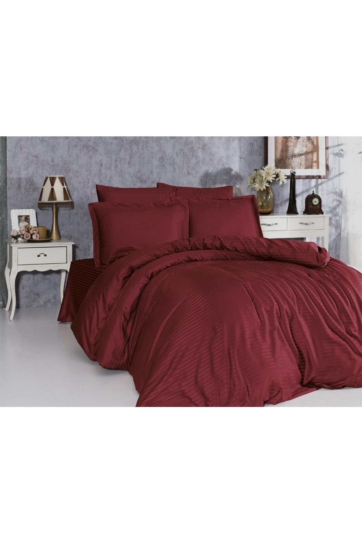 enti ev tekstili-Ziganahome Claret Red Striped Satin Duvet Cover Set Double Sheet Elasticless & 2 Pillowcases 3