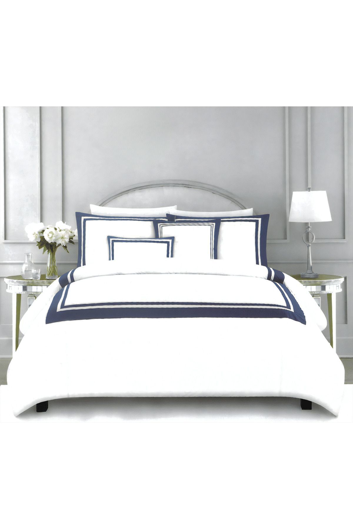 Orange Bed & Bath-فندق | طقم لحاف فندقي من 8 قطع مقاس مزدوج مصنوع من القطن بنسبة 100% - أزرق داكن|أزرق 279 × 244 سم 1