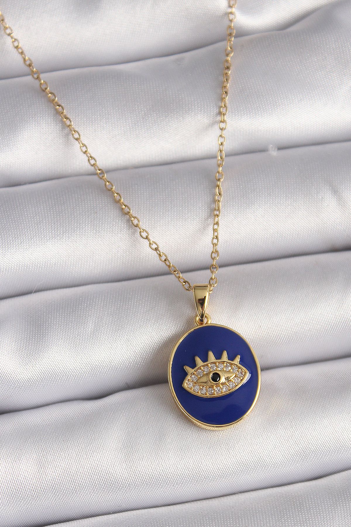 MMB Boutique 316L Çelik Gold Renk Zincir Mavi Mineli Zirkon Taşlı Göz İşleme Kadın Kolye