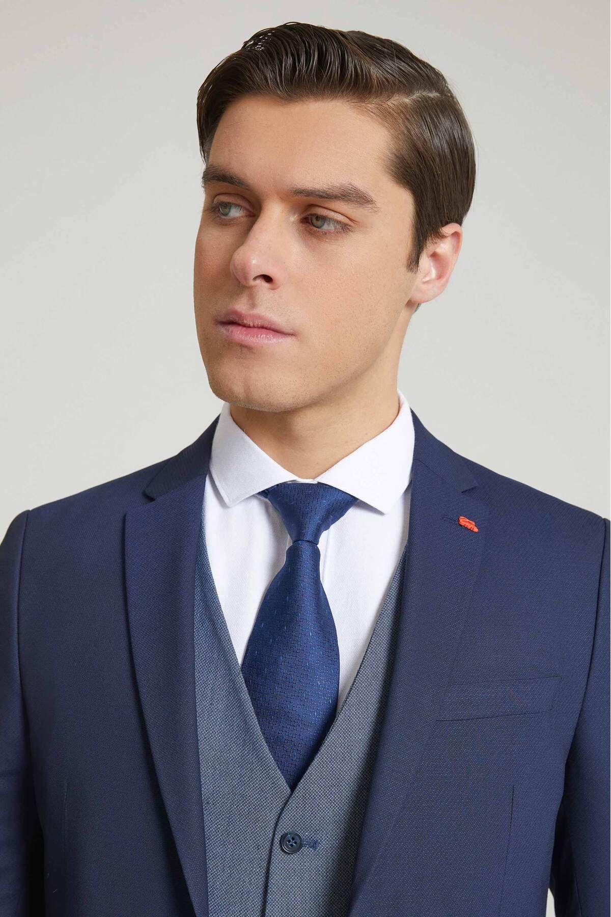 Twn-Navy BlueSlimFit ViscoseMonoCollar Suit - Dobby Combination 3