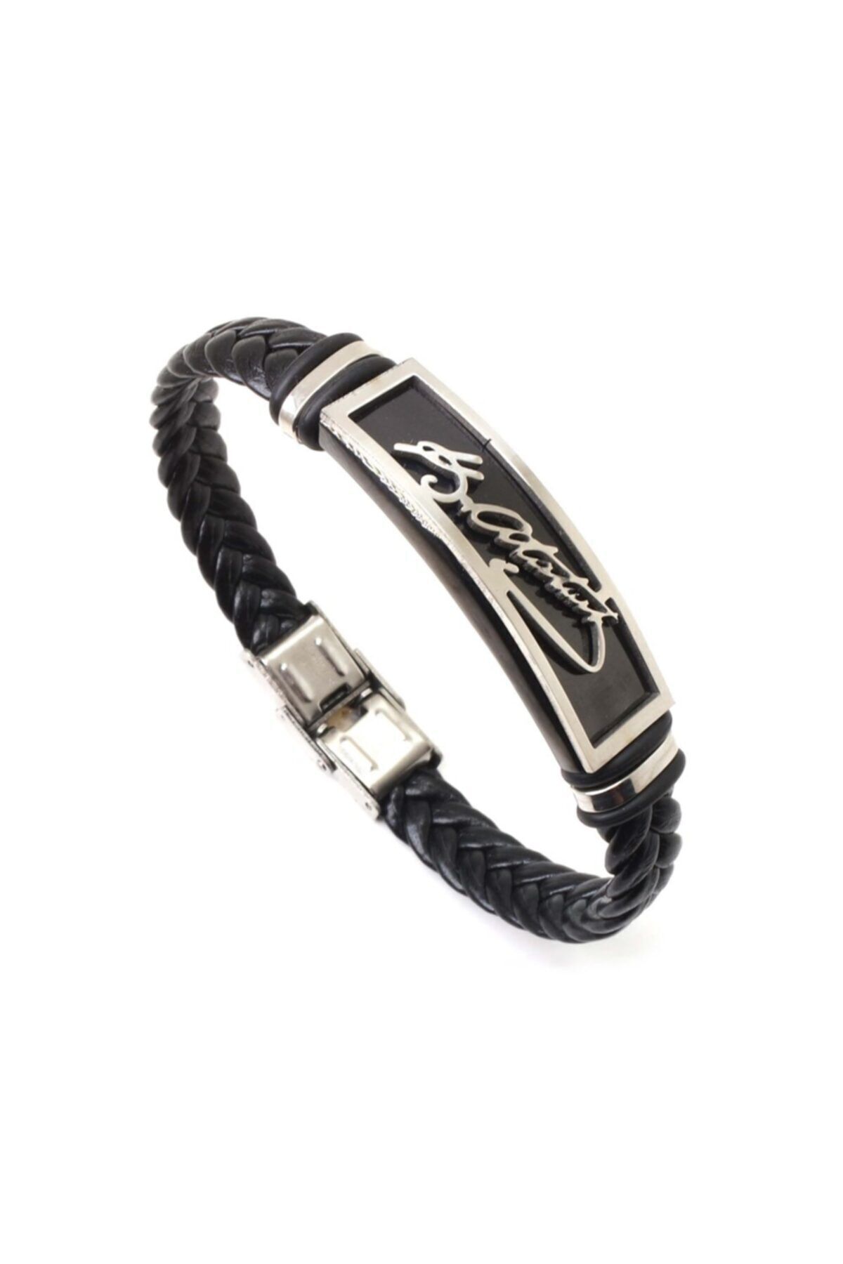 OSMANLI GÜMÜŞ-Men's Black Ataturk Signed Steel Leather Rubber Bracelet 1