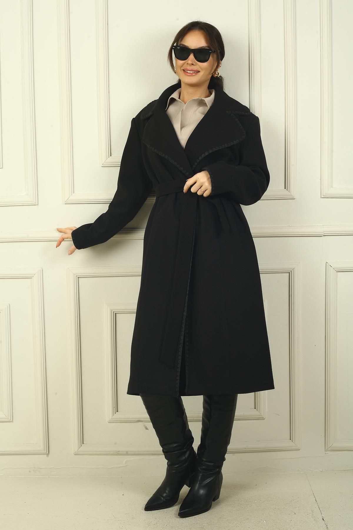 By Saygı-Women's Shepherd Stitched Pocketed Waist Belted Lined Cashmere Coat 3