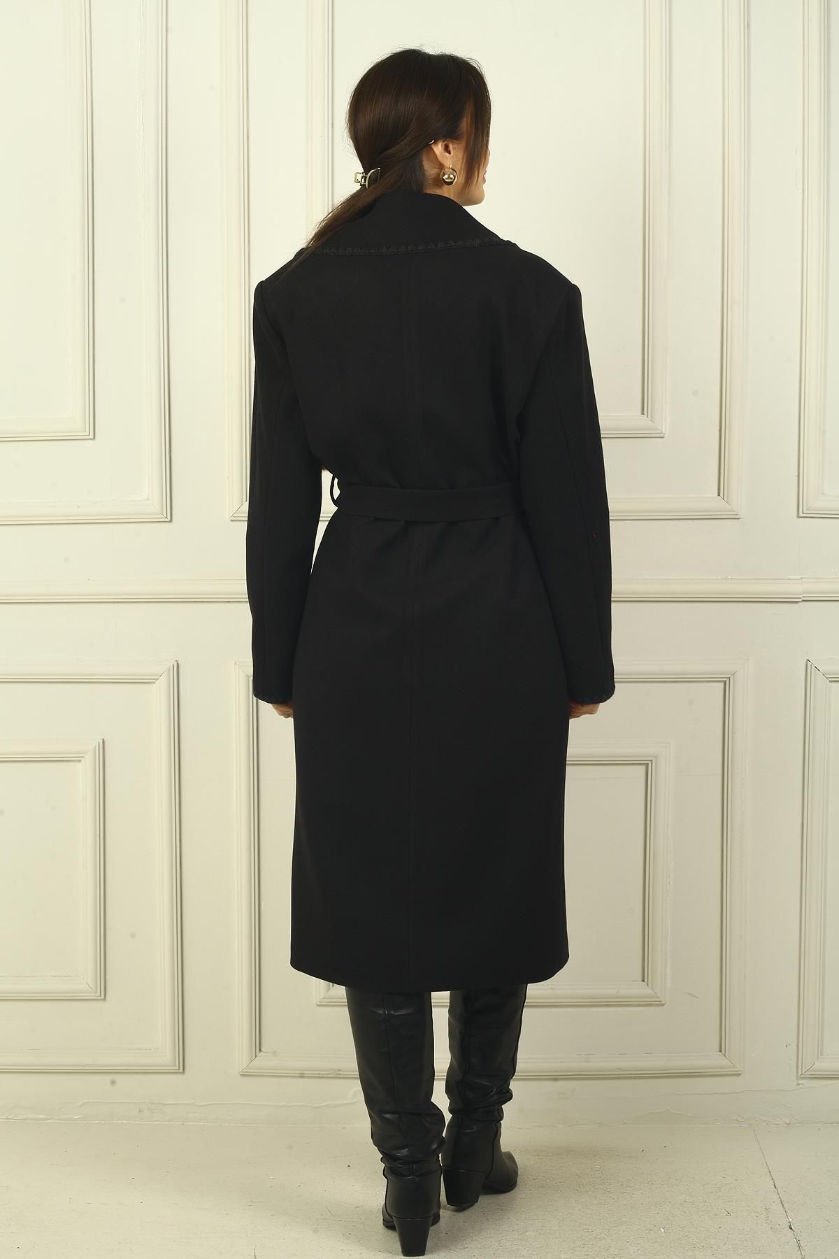 By Saygı-Women's Shepherd Stitched Pocketed Waist Belted Lined Cashmere Coat 4