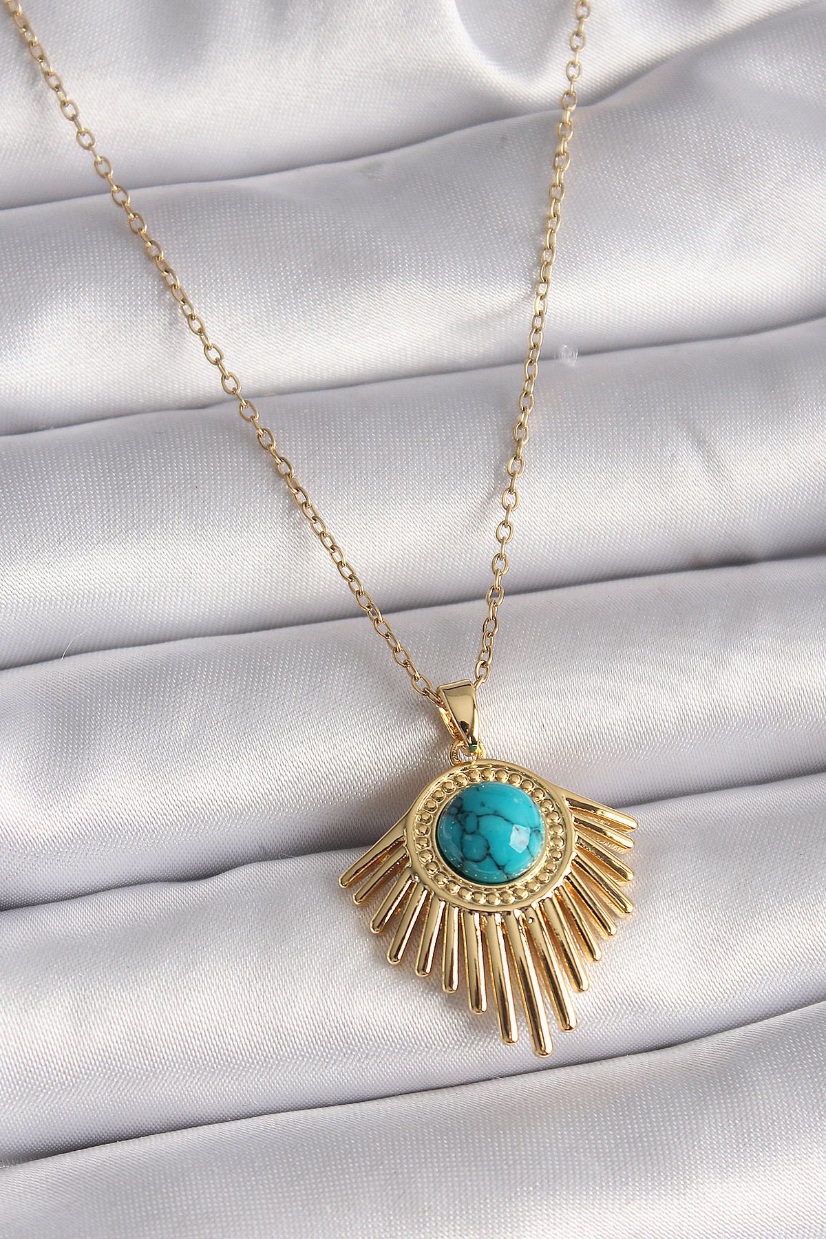 MMB Boutique 316L Çelik Gold Renk Zincir Mavi Boncuk Güneş Model Kadın Kolye