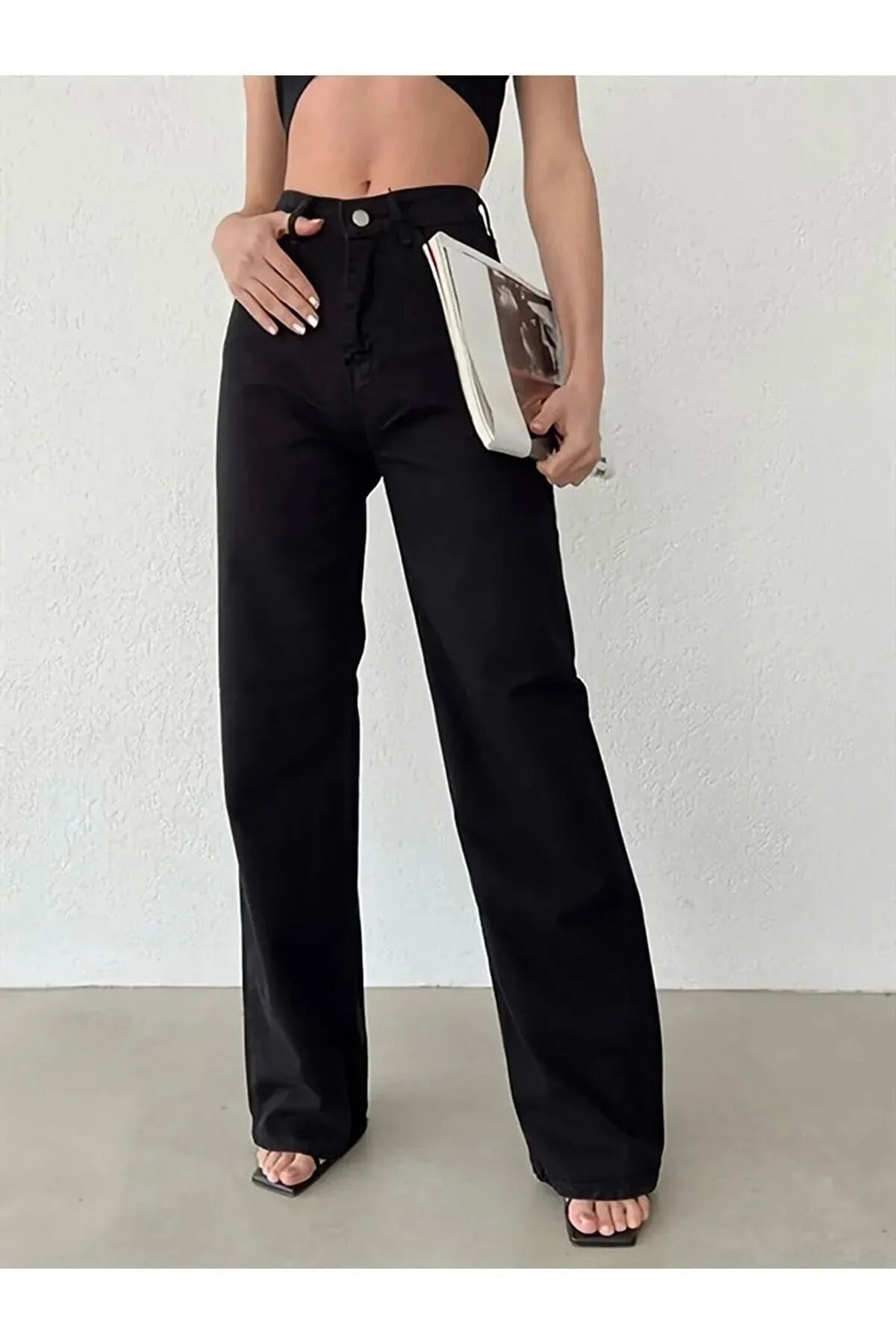 WODDİ Duryn Pamela Kadın 90's Wide Leg Siyah Salaş Yüksek Bel Likralı Palazzo Jeans Kot Pantolon