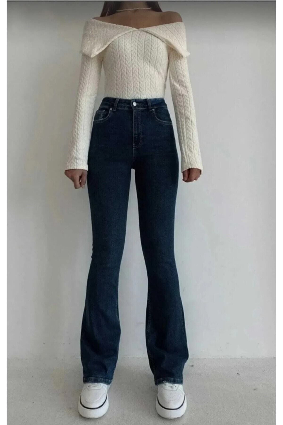 WODDİ Duryn Ispanyol Paça Lacivert Yüksek Bel Ispanyol Paça Comfort Likralı Kot Pantolon Jeans