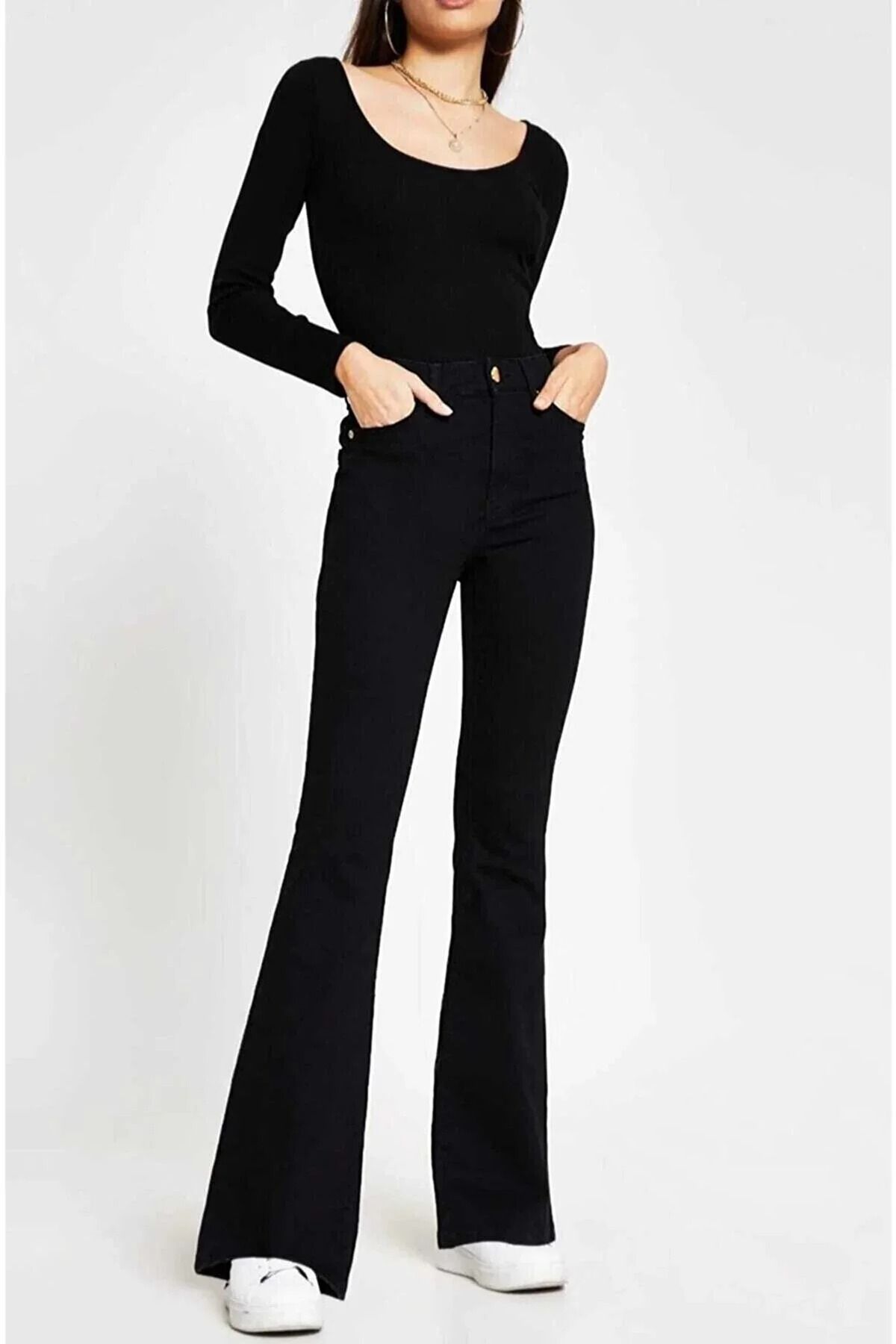 WODDİ Duryn Kadın Flare Siyah İspanyol Paça Yüksek Bel Comfort Likralı Jeans Kot Pantolon