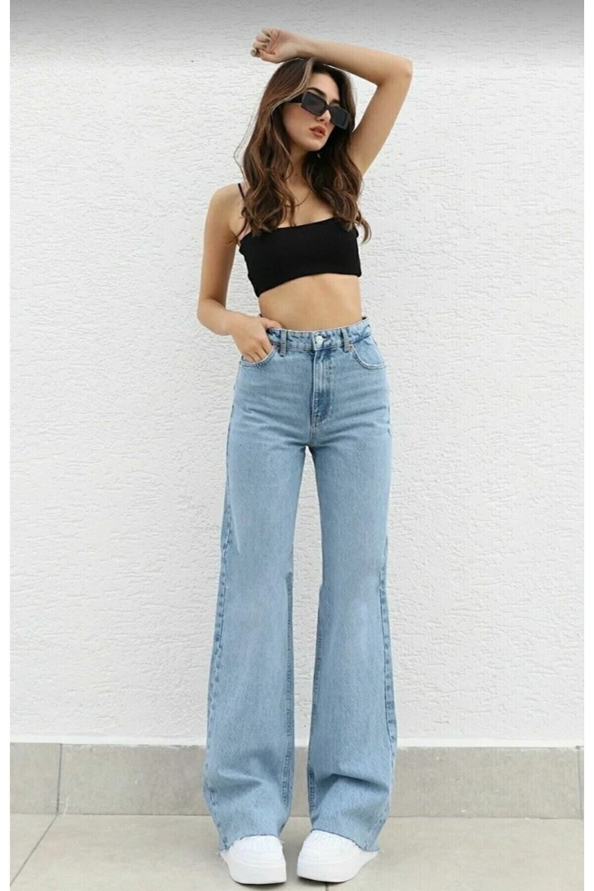WODDİ Duryn Jeans Mavi Kadın Yüksek Bel Likralı Wide Leg Bol Paça Palazzo Pantolon