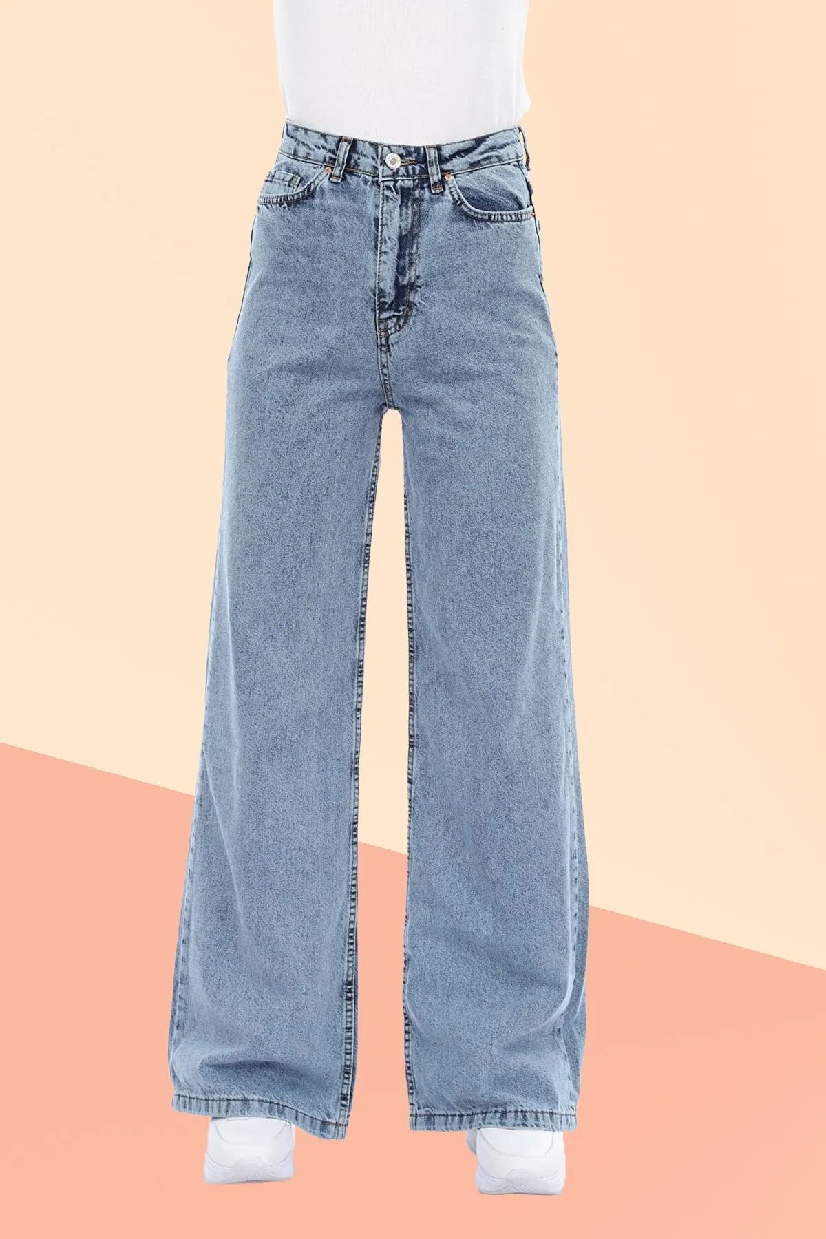 WODDİ Duryn Kar Yıkama Mavi Kot Yüksek Bel Likralı Bol Paça Jeans Kot Pantolon